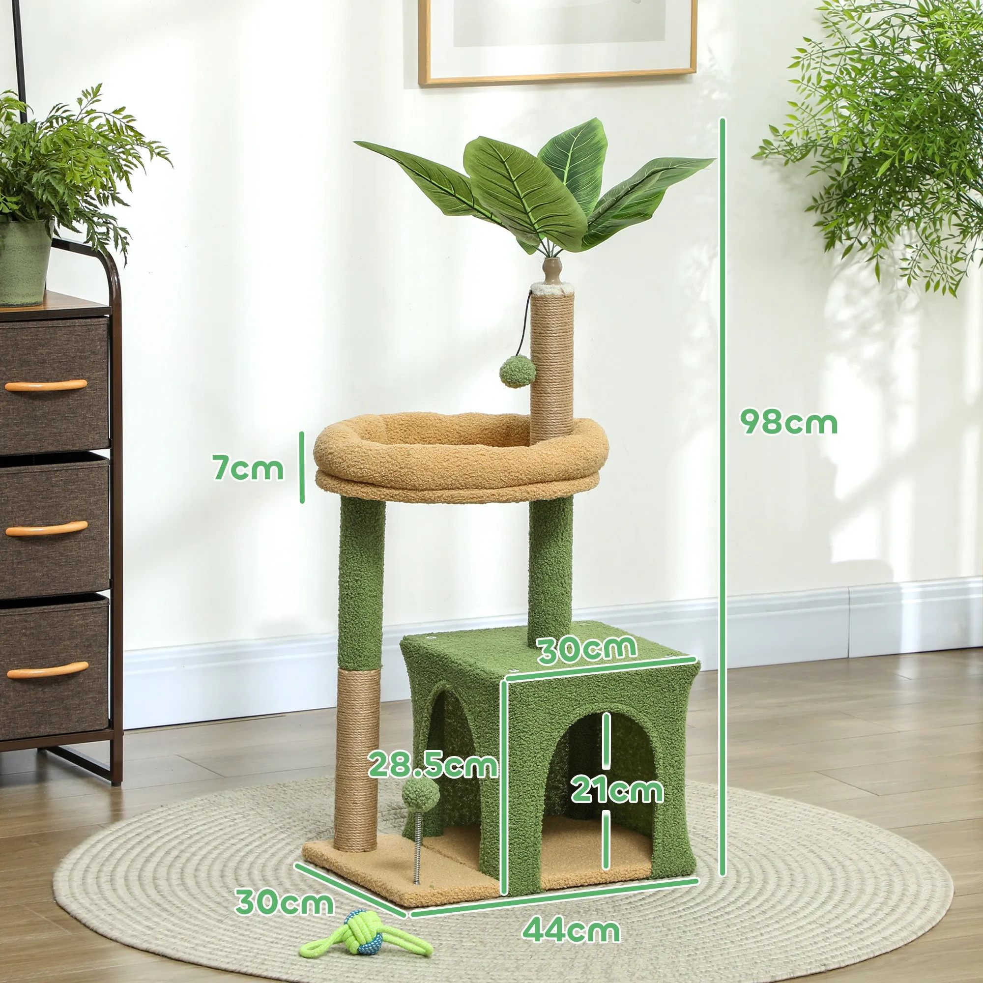 Cat Scratching Tree with House, Bed and 2 Balls, Made of Wood and Polyester, 44x30x98 cm, Green and Brown - Image 3