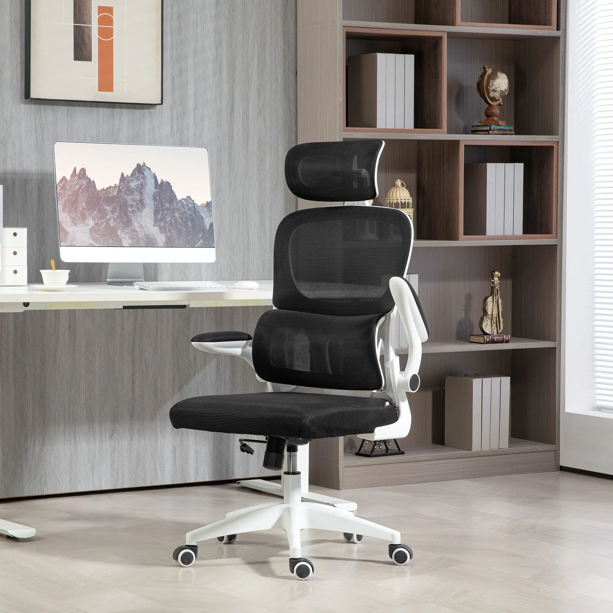 Swivel Office Chair with Adjustable Headrest and Height, Folding Armrests and Tilt, Black - Image 2