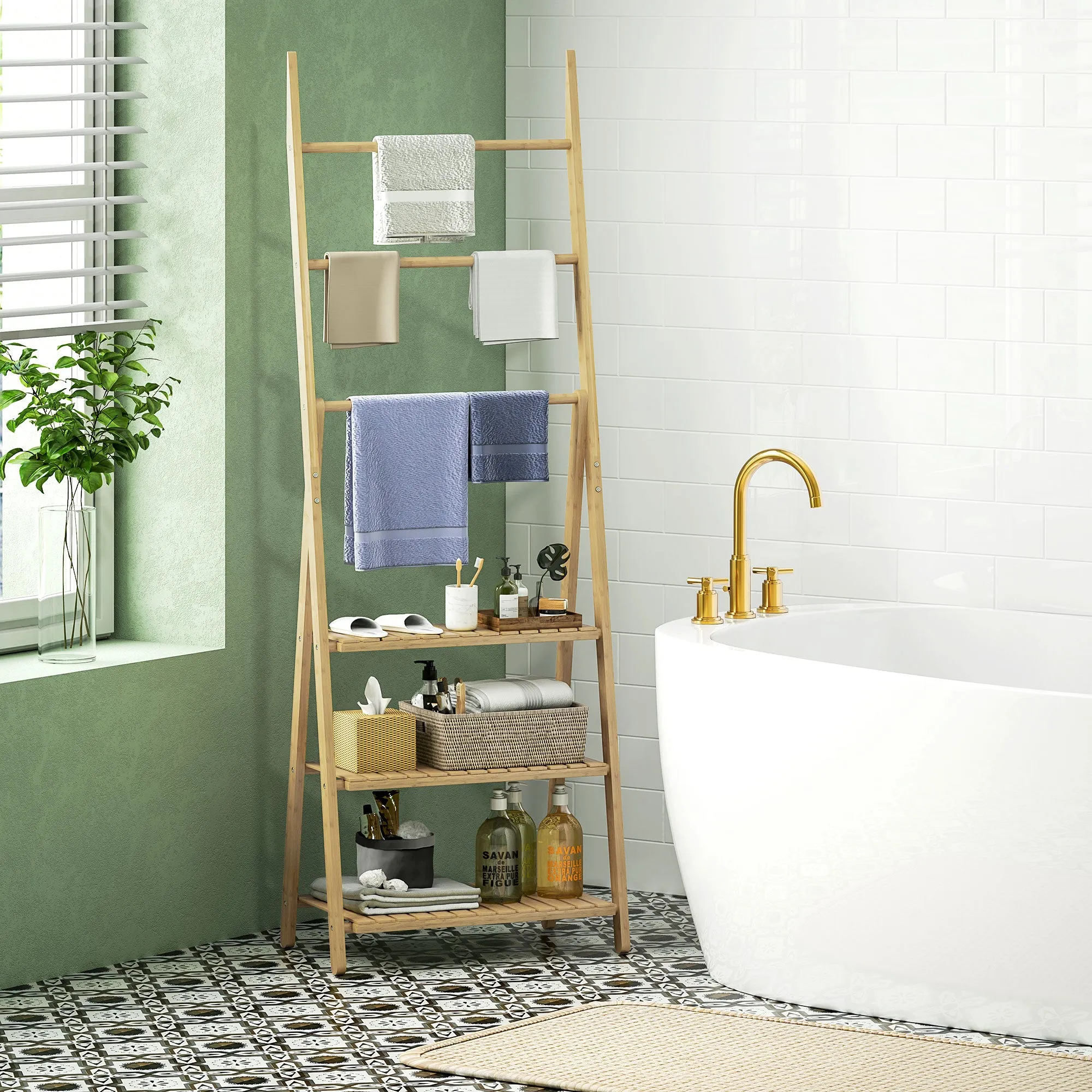 3 Shelf Bathroom Shelf with 3 Bar Towel Rack, Freestanding and Folding in Bamboo Wood - Image 2
