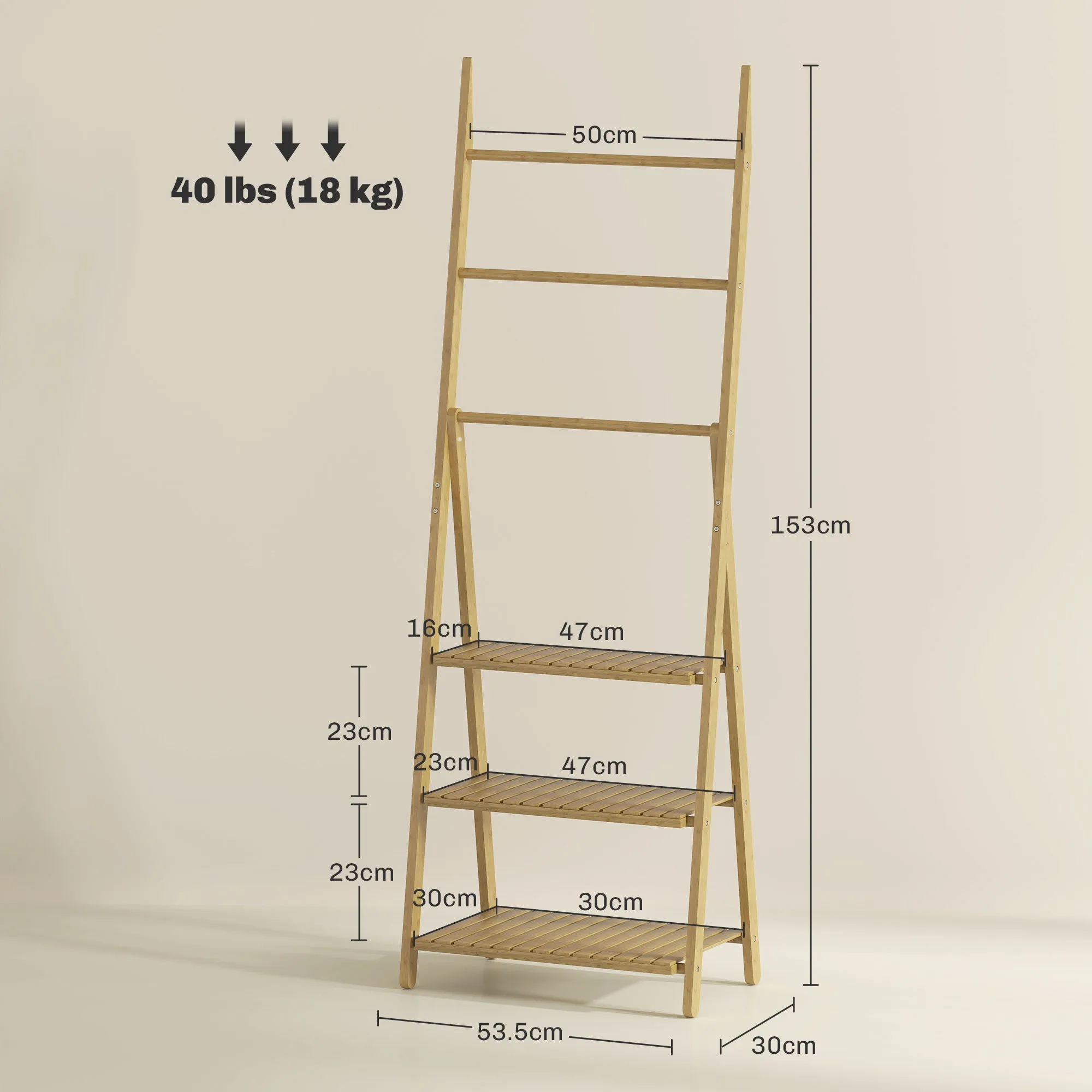 3 Shelf Bathroom Shelf with 3 Bar Towel Rack, Freestanding and Folding in Bamboo Wood - Image 3
