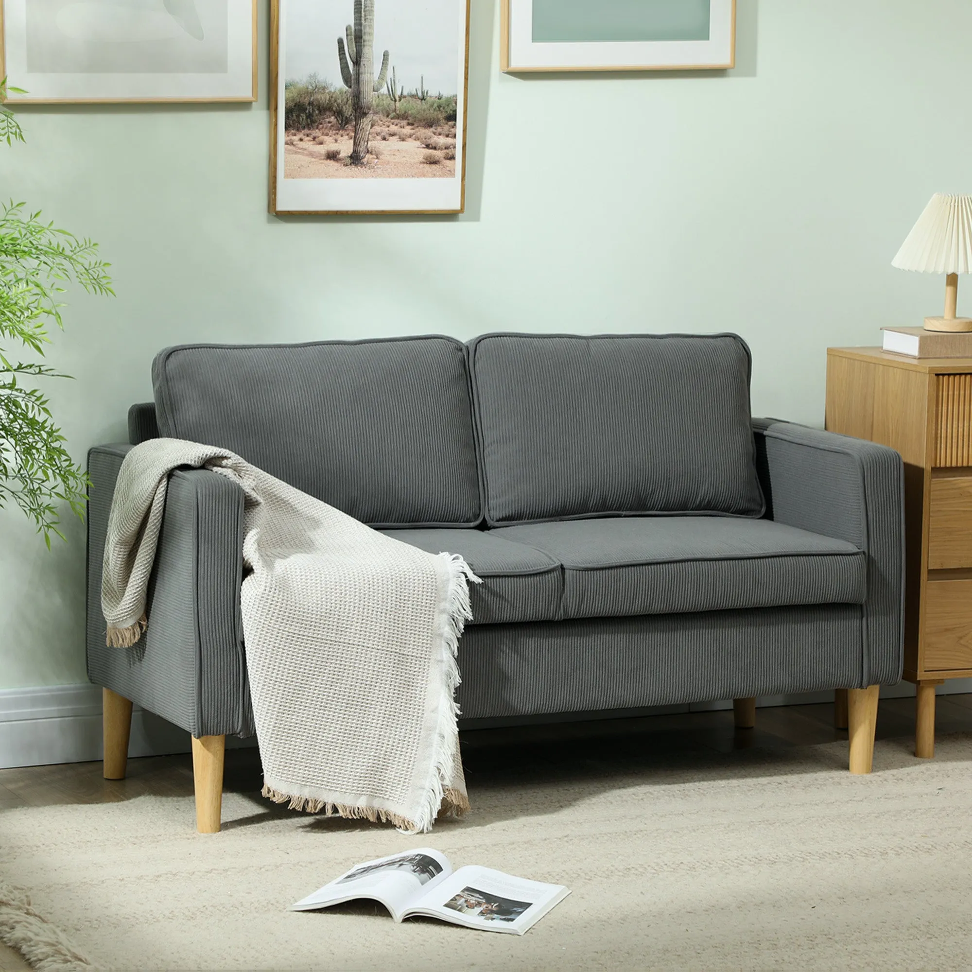 2 Seater Sofa with Storage Space and 2 Cushions, in Velvet and Wood Effect Fabric, 140x63x79 cm, Grey - Image 2