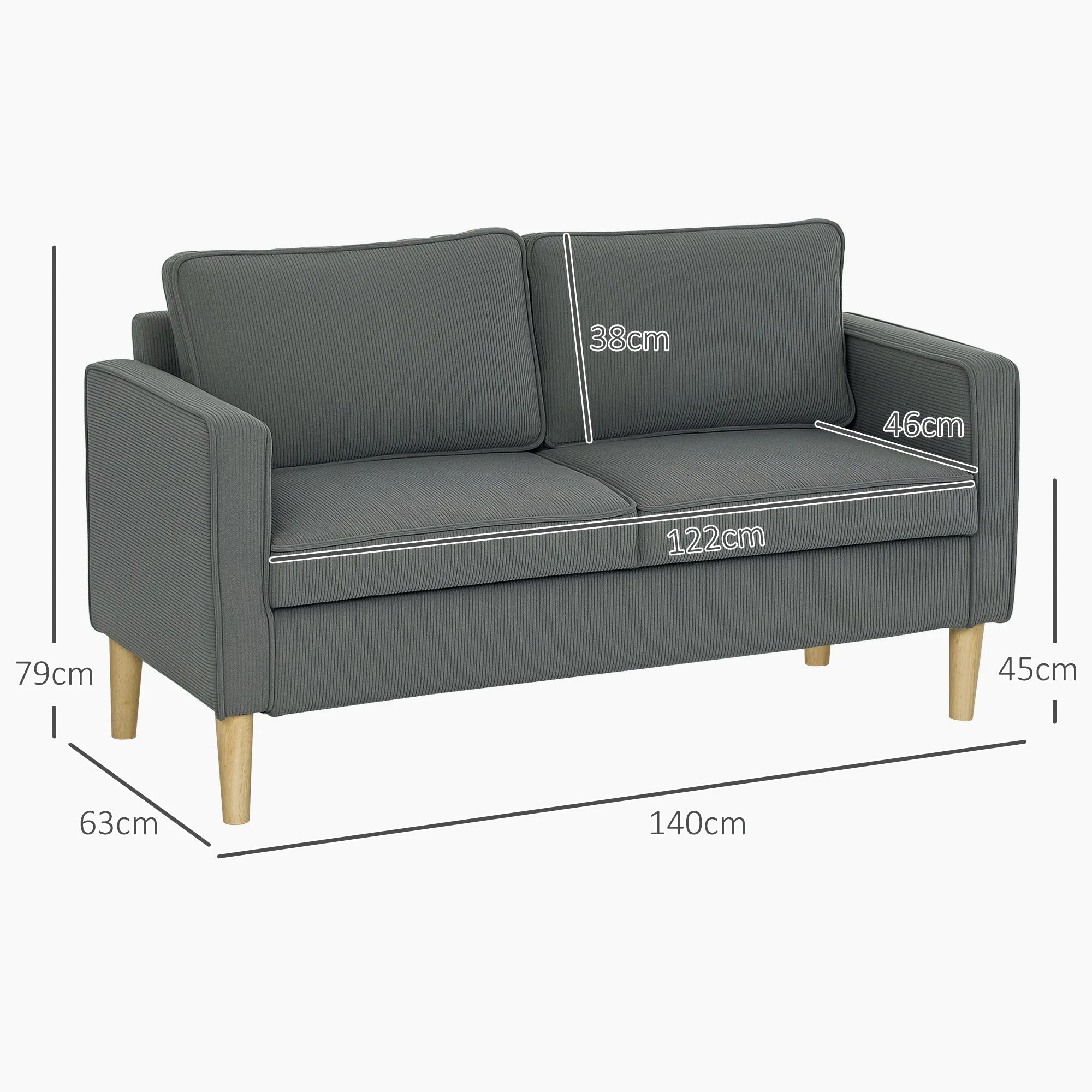 2 Seater Sofa with Storage Space and 2 Cushions, in Velvet and Wood Effect Fabric, 140x63x79 cm, Grey - Image 3