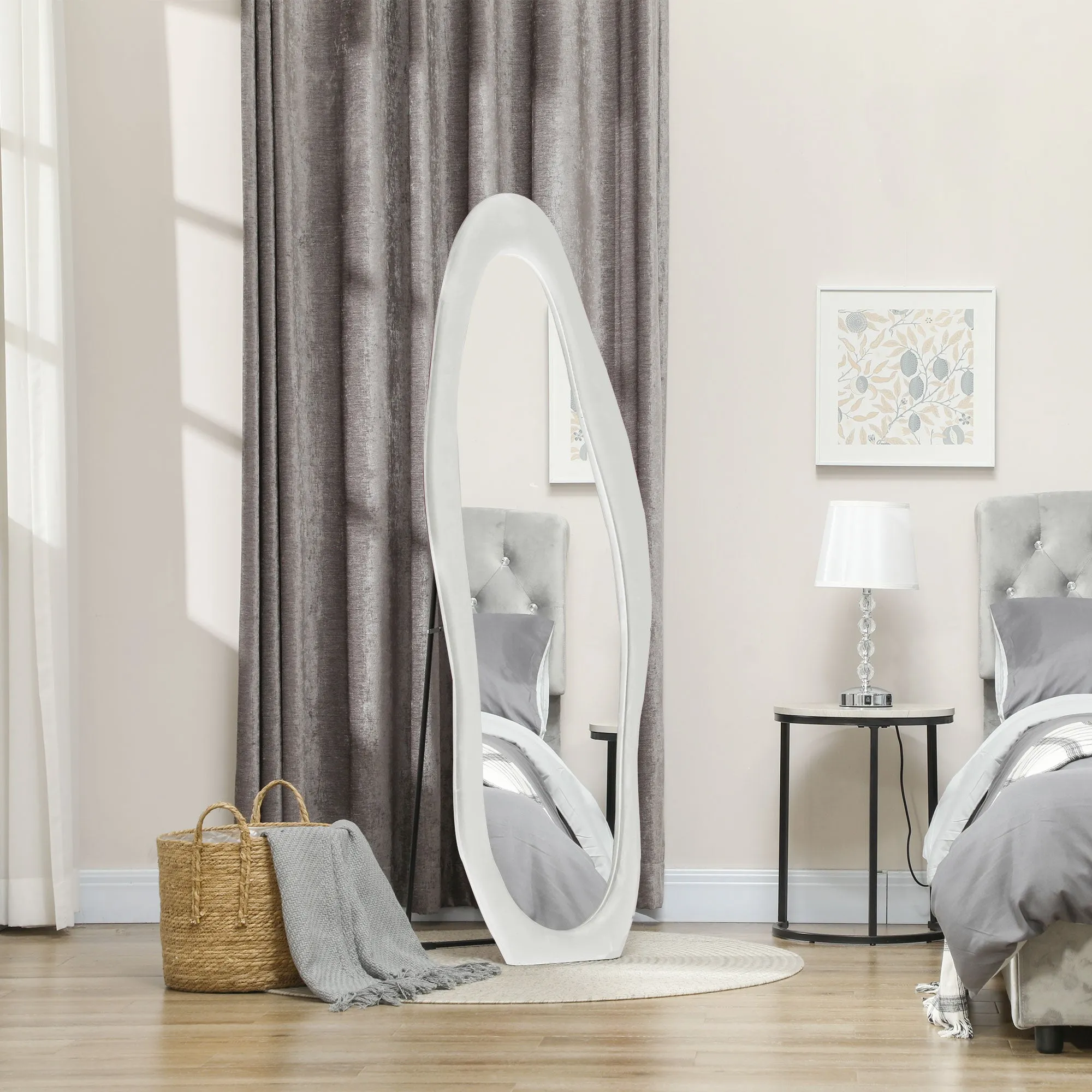 Full-length Mirror with Wavy Velvet Frame, Floor and Wall Mirror, 160x50 cm, White - Image 2