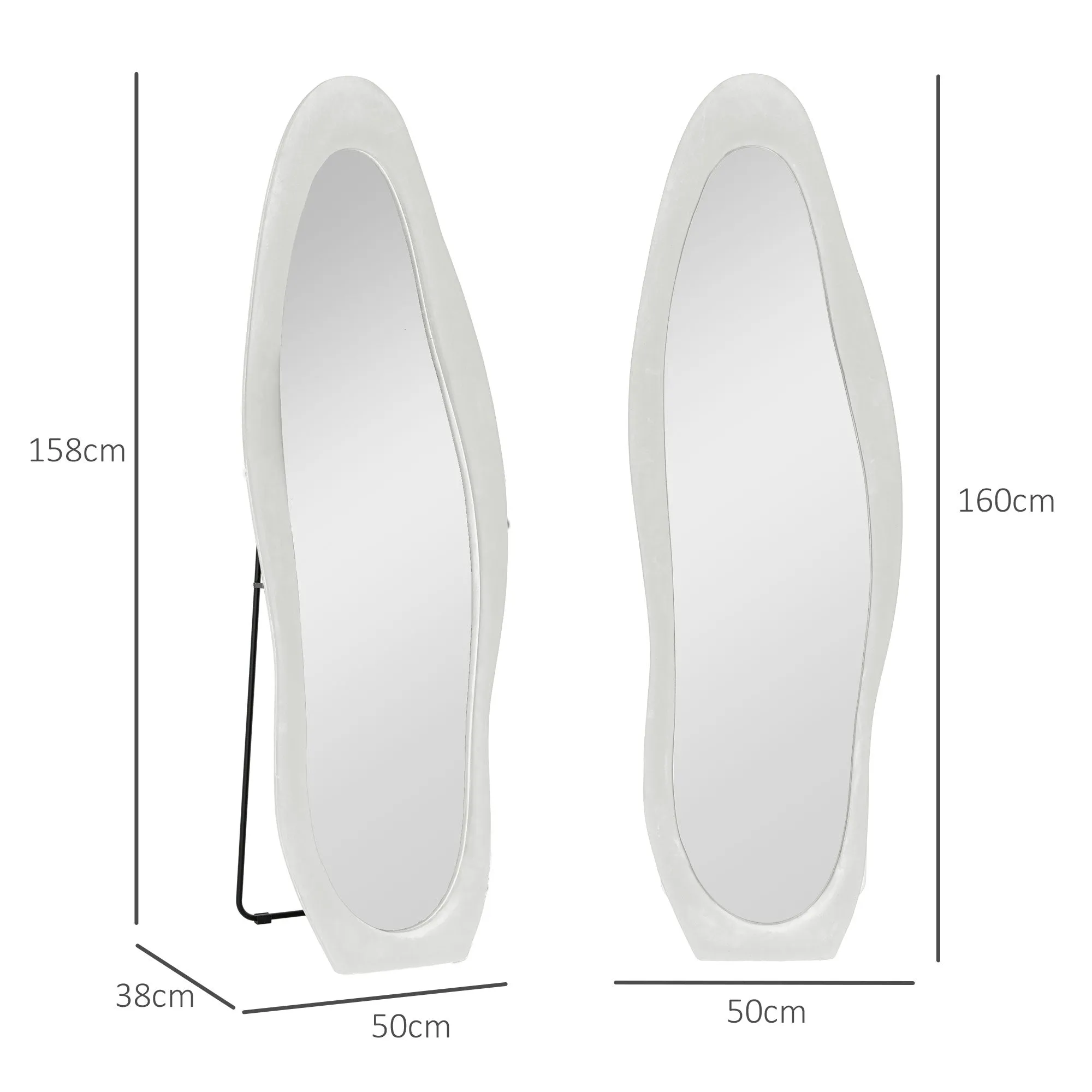 Full-length Mirror with Wavy Velvet Frame, Floor and Wall Mirror, 160x50 cm, White - Image 3