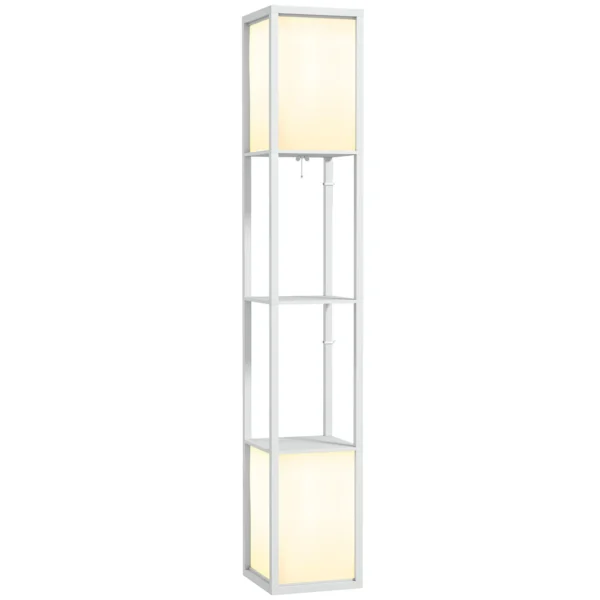 Modern Floor Lamp with 2 Lampshades and 2 Shelves for E27 Max. 40W Bulbs, 26x26x156 cm, White