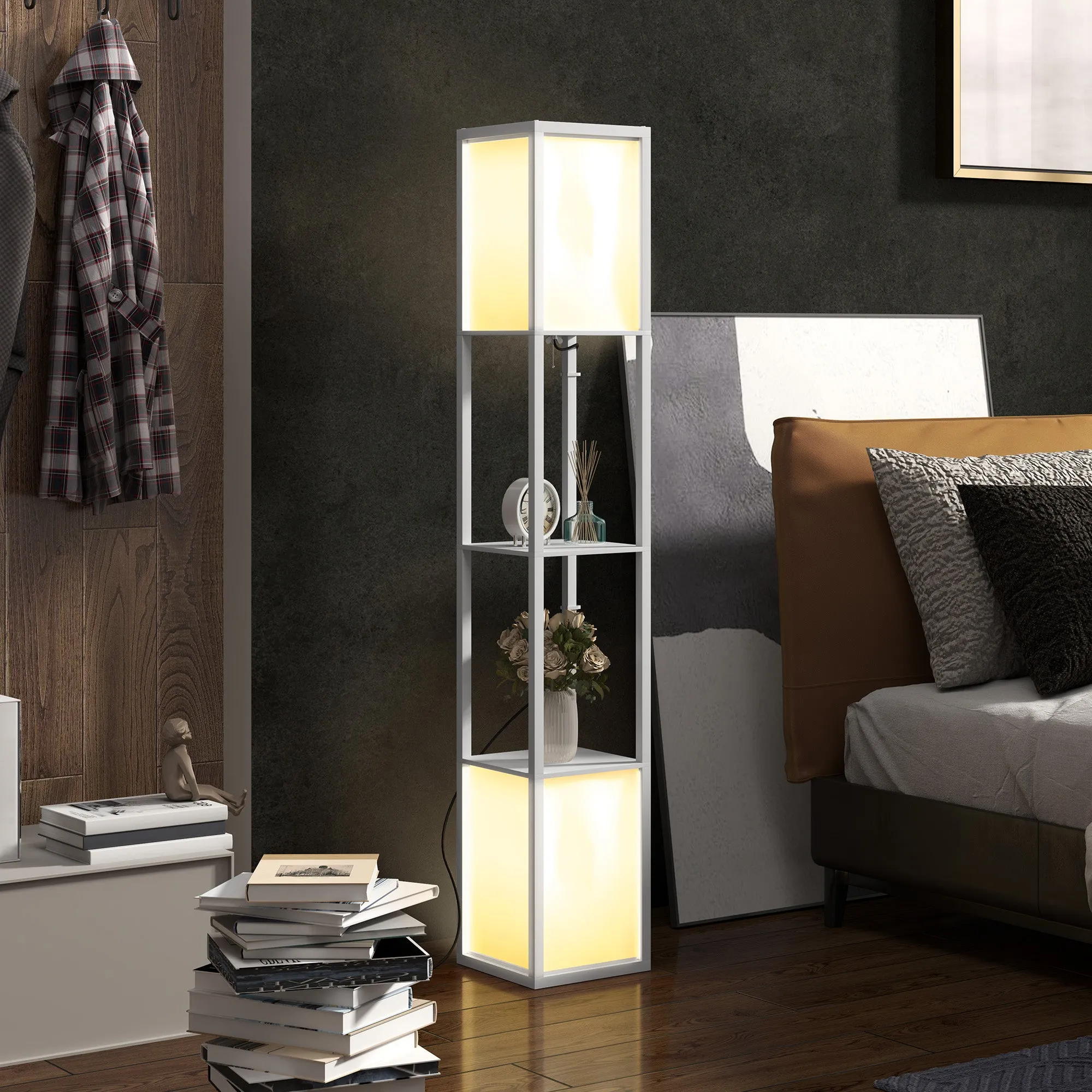 Modern Floor Lamp with 2 Lampshades and 2 Shelves for E27 Max. 40W Bulbs, 26x26x156 cm, White - Image 2