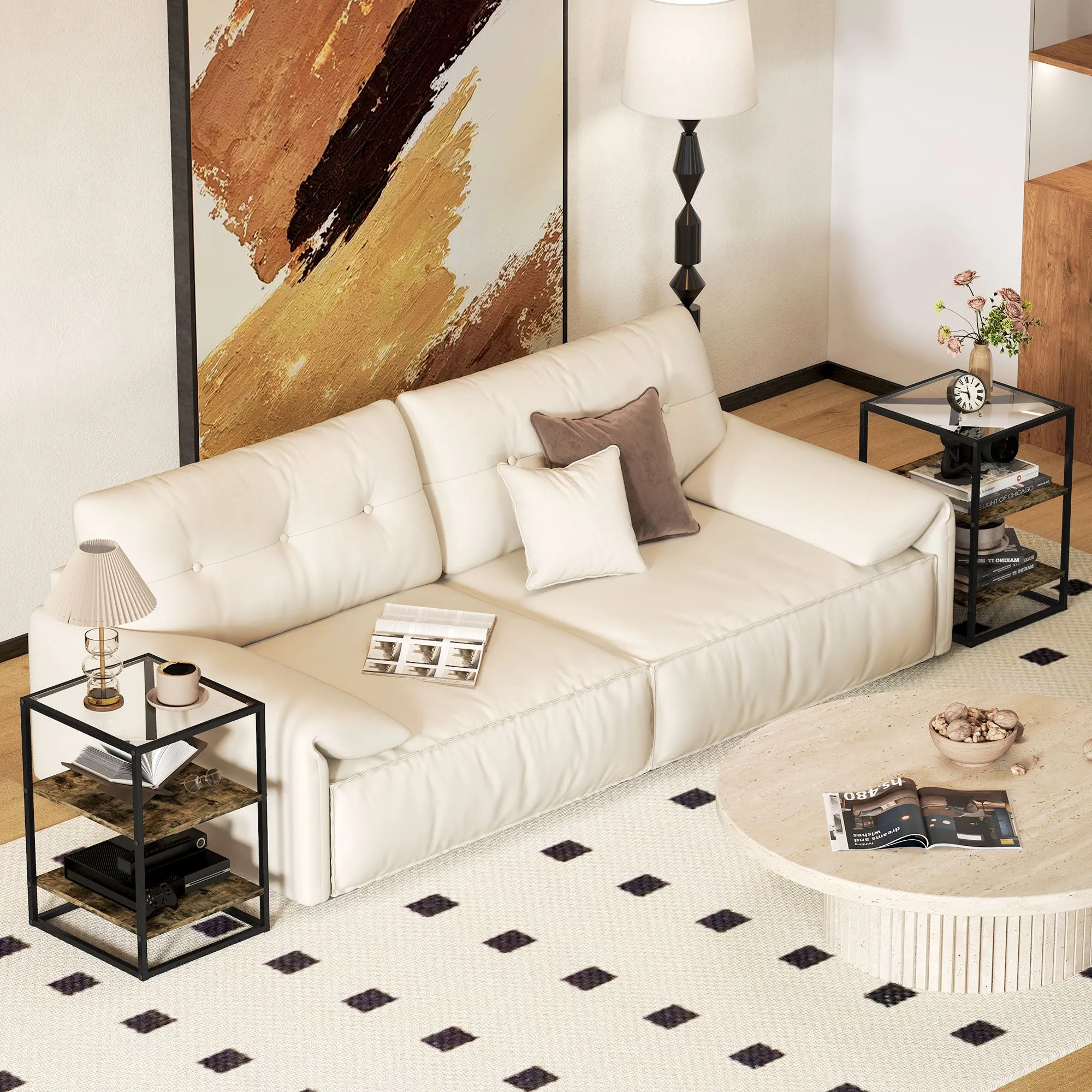 Set of 2 3-Tier Living Room Coffee Tables in Wood and Metal with Tempered Glass Top, 37x40x55.5 cm, Brown - Image 2