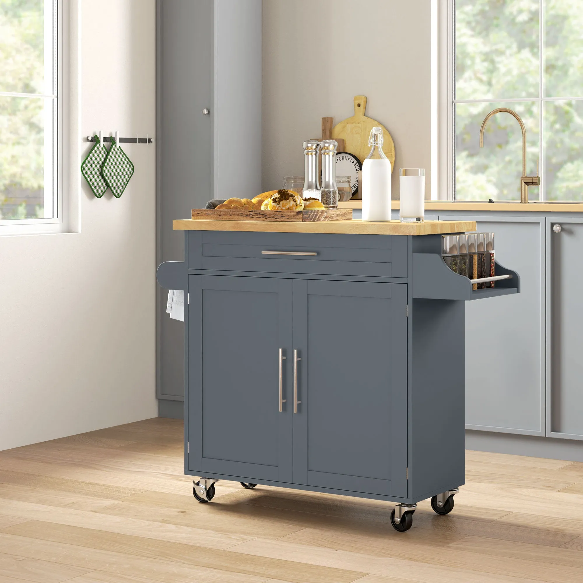 Wooden Kitchen Trolley with Drawer, Spice Rack and Cabinet, 109x40x89 cm, Grey and Wood Color - Image 2