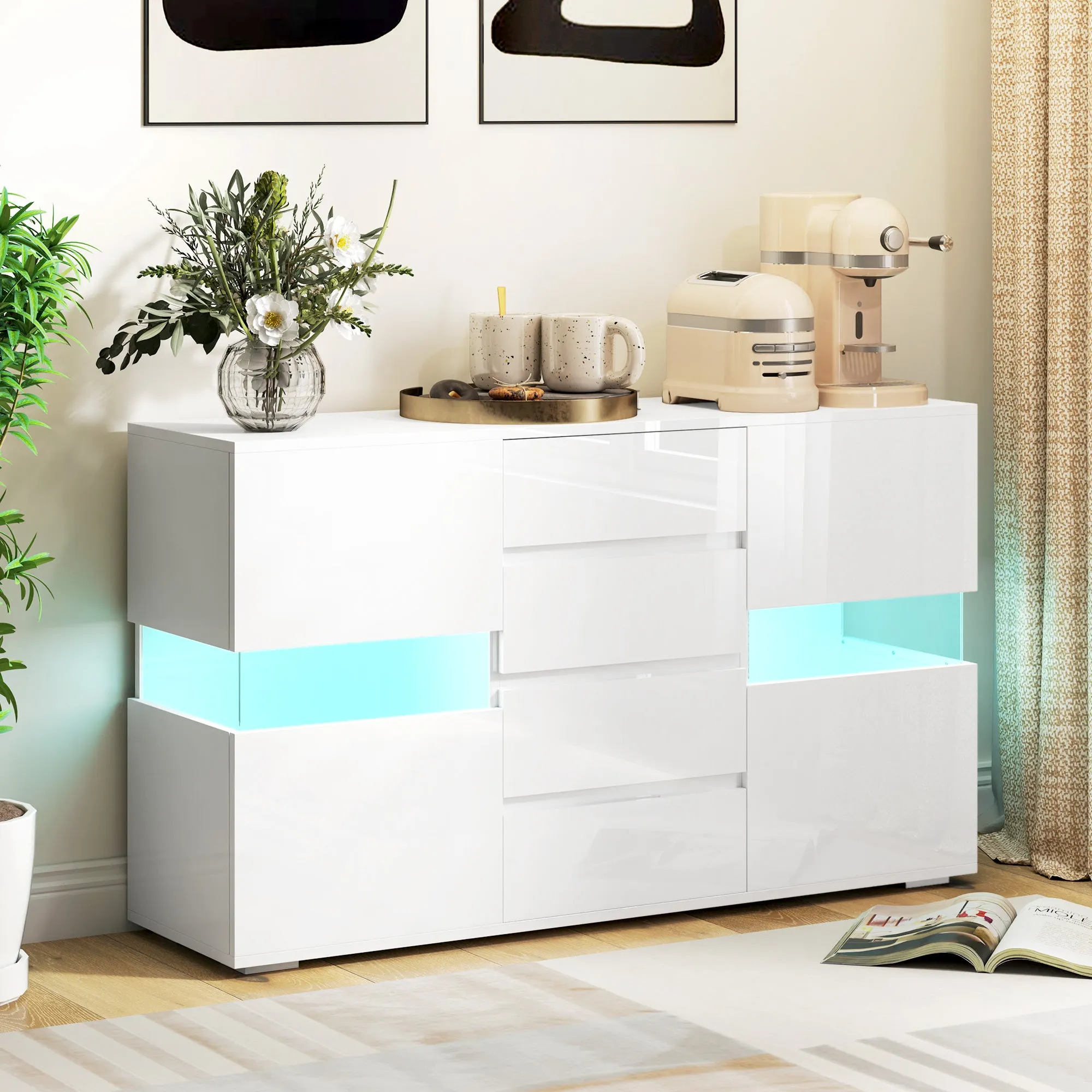 Modern Sideboard with LED Adjustable with Remote Control, 4 Drawers and 2 Cabinets, 120x34x70 cm, White - Image 2