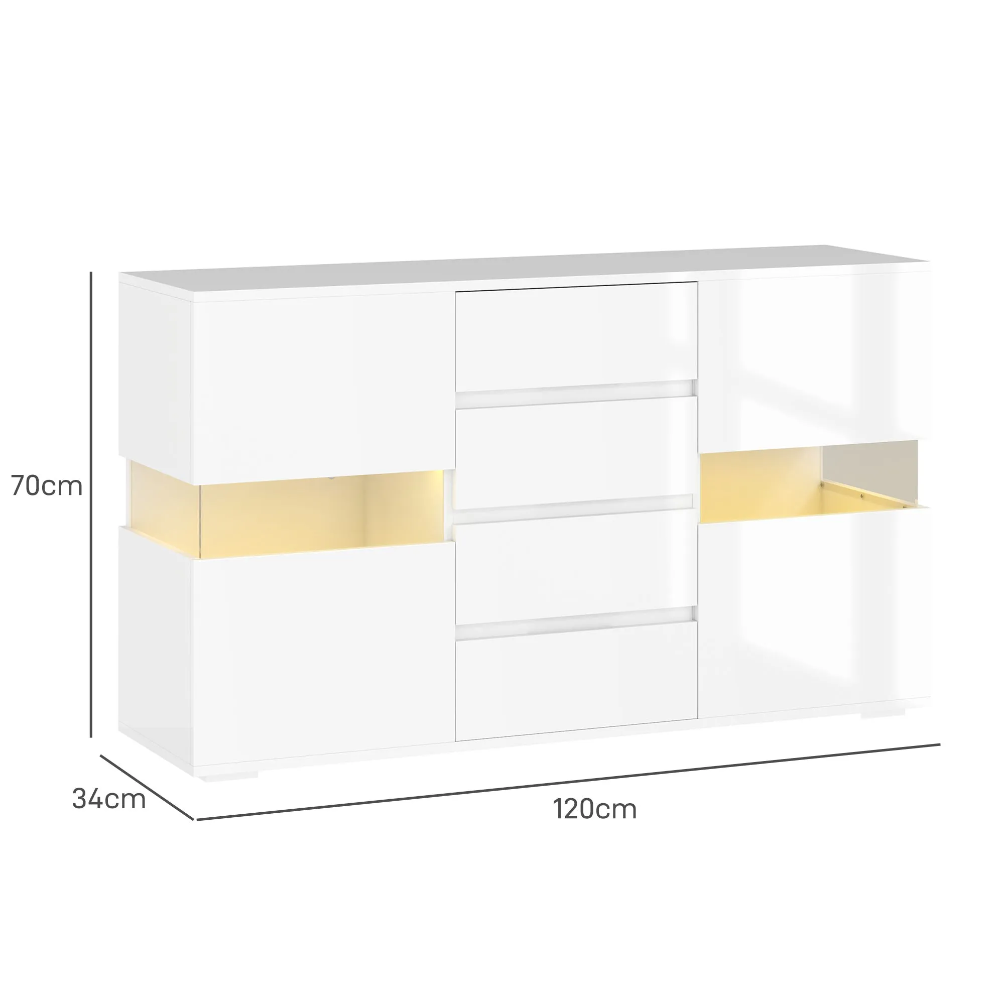Modern Sideboard with LED Adjustable with Remote Control, 4 Drawers and 2 Cabinets, 120x34x70 cm, White - Image 3