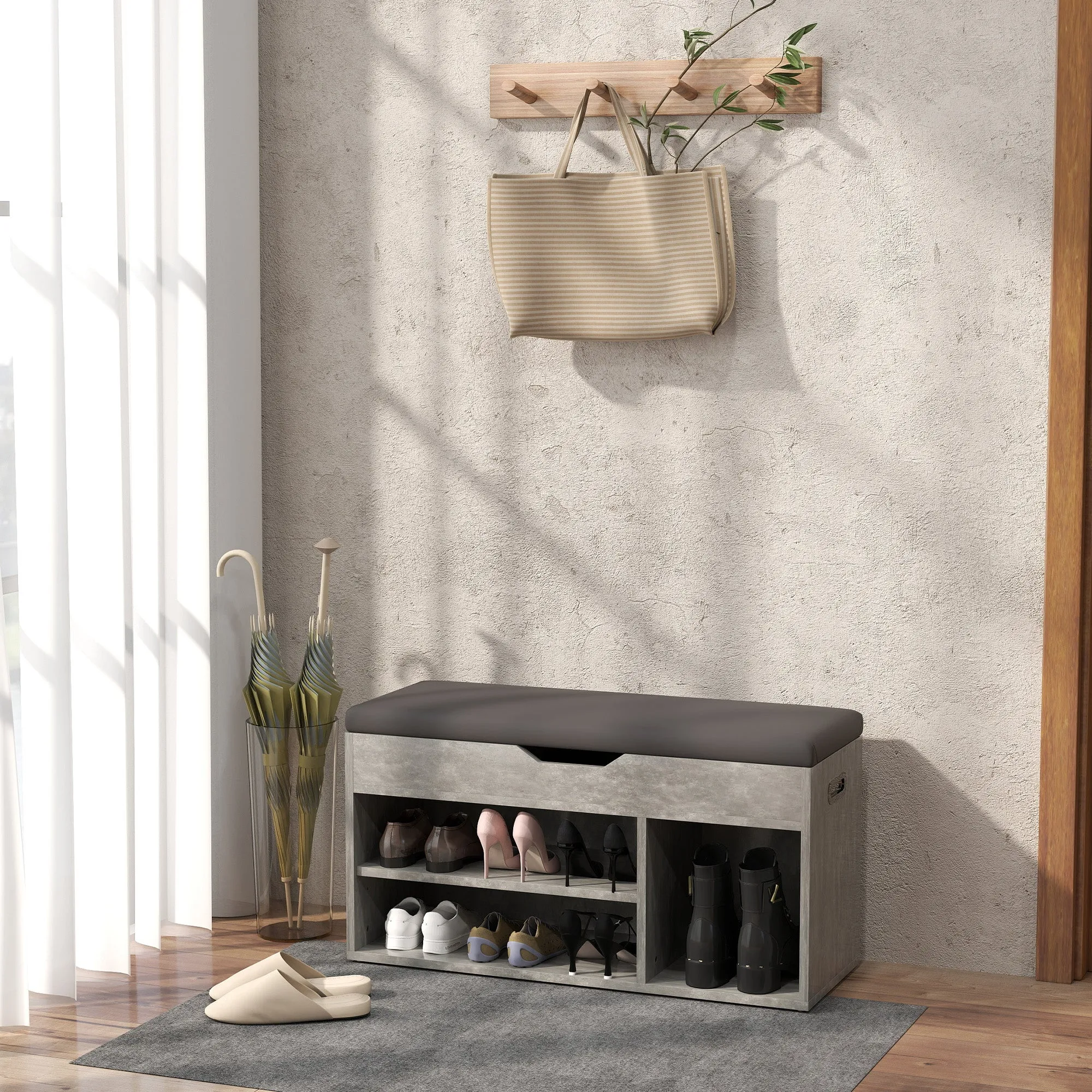 Space Saving Upholstered Shoe Cabinet with 3 Open Shelves with Concealed Space, Wooden, 80x30x45 cm, Black and Grey - Image 2