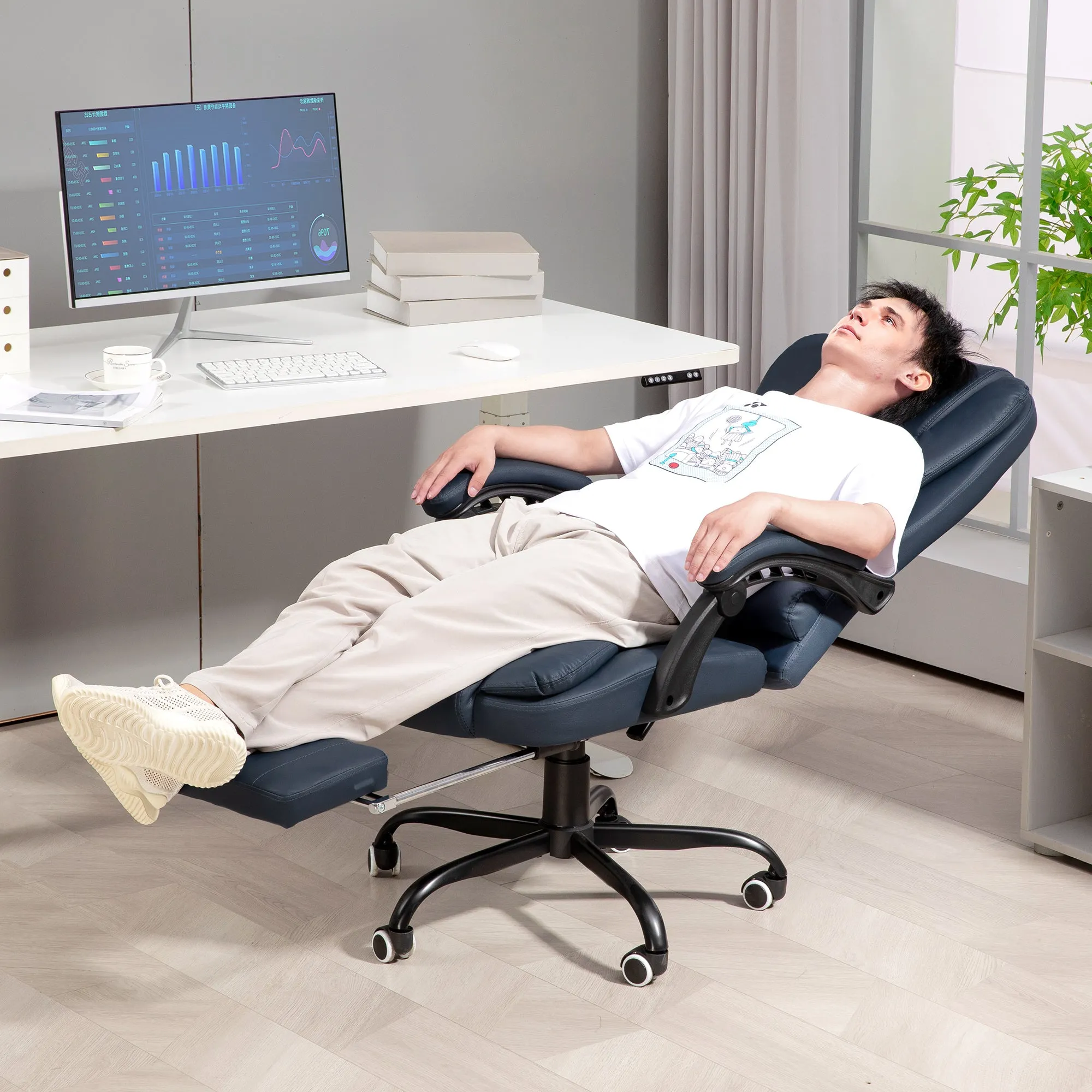 Office Armchair with 7 Massage Points and Footrest, in PU Leather and Steel, 67x67x111-121 cm, Blue - Image 2