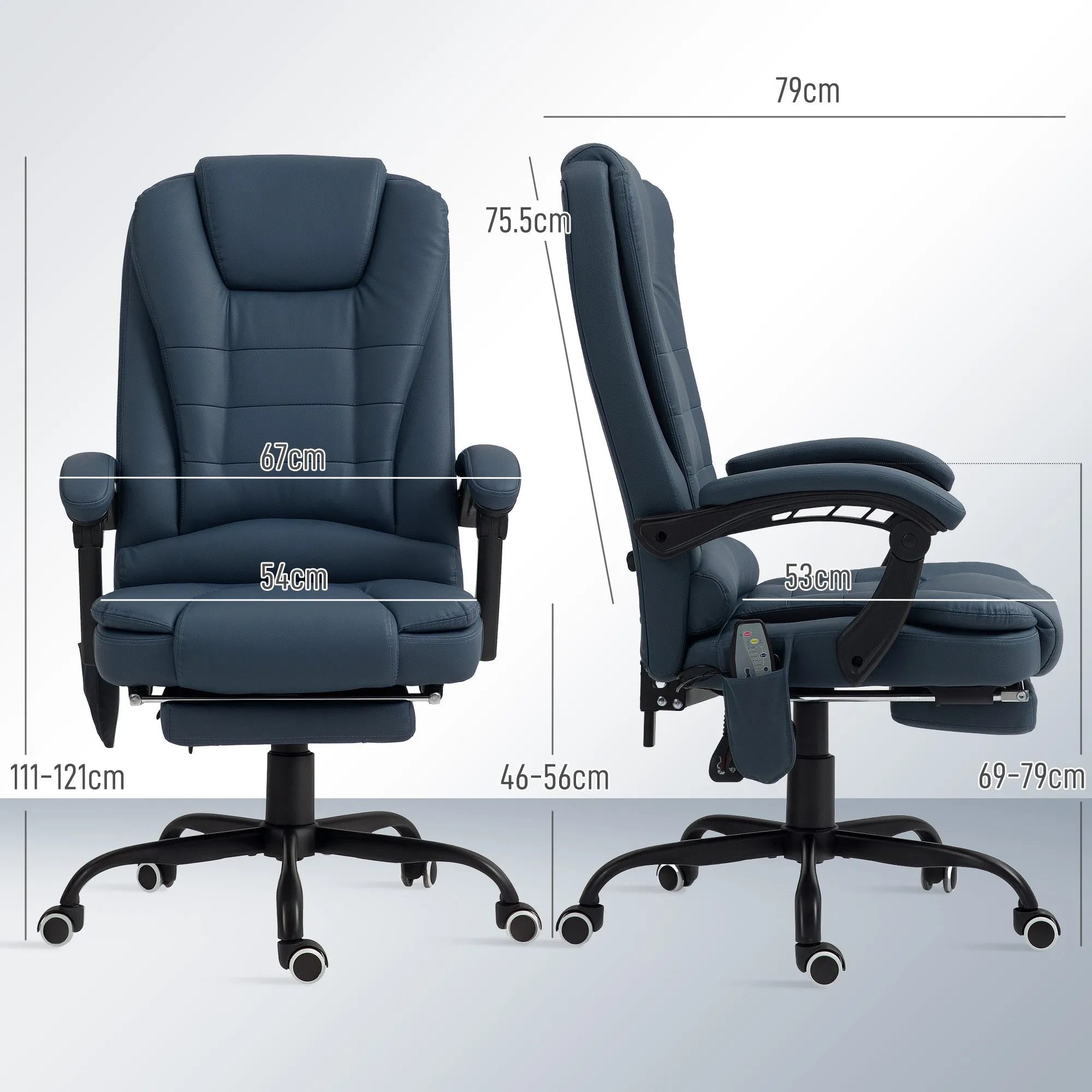 Office Armchair with 7 Massage Points and Footrest, in PU Leather and Steel, 67x67x111-121 cm, Blue - Image 3
