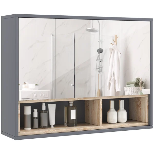 Bathroom Mirror 3-Door with 8-Compartment Cabinet and Soft-Cushioned Doors, 80x20x60 cm, Grey