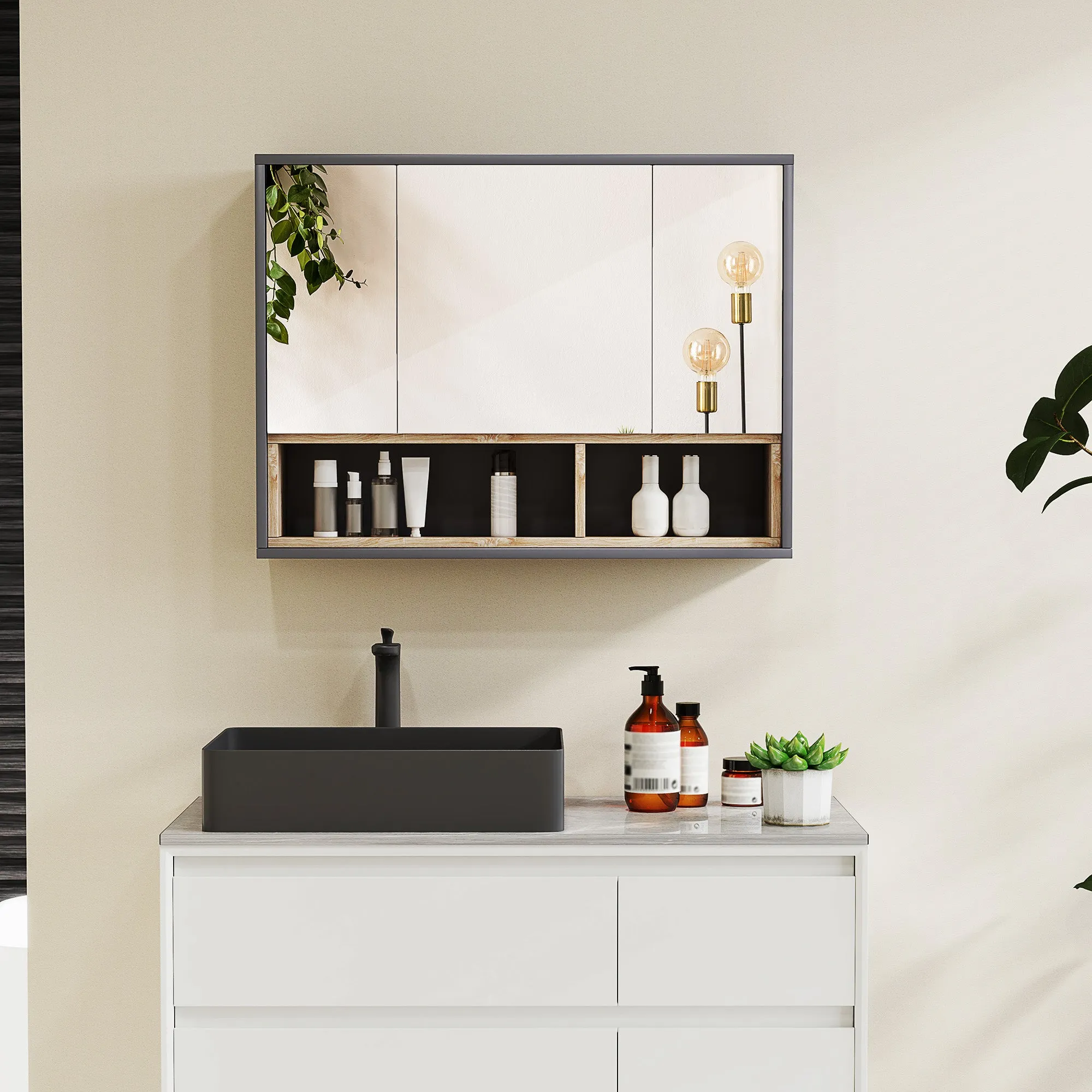 Bathroom Mirror 3-Door with 8-Compartment Cabinet and Soft-Cushioned Doors, 80x20x60 cm, Grey - Image 2