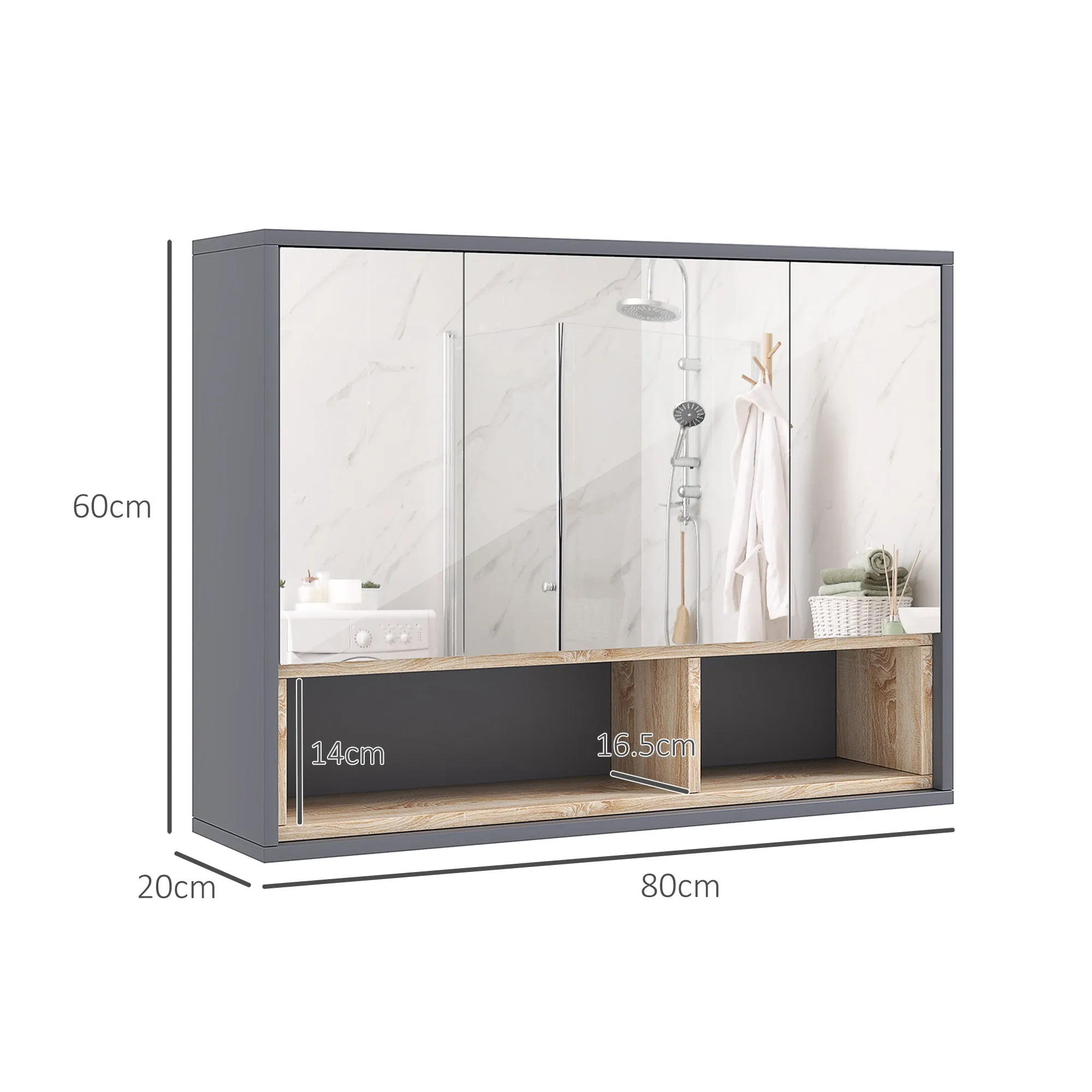 Bathroom Mirror 3-Door with 8-Compartment Cabinet and Soft-Cushioned Doors, 80x20x60 cm, Grey - Image 3