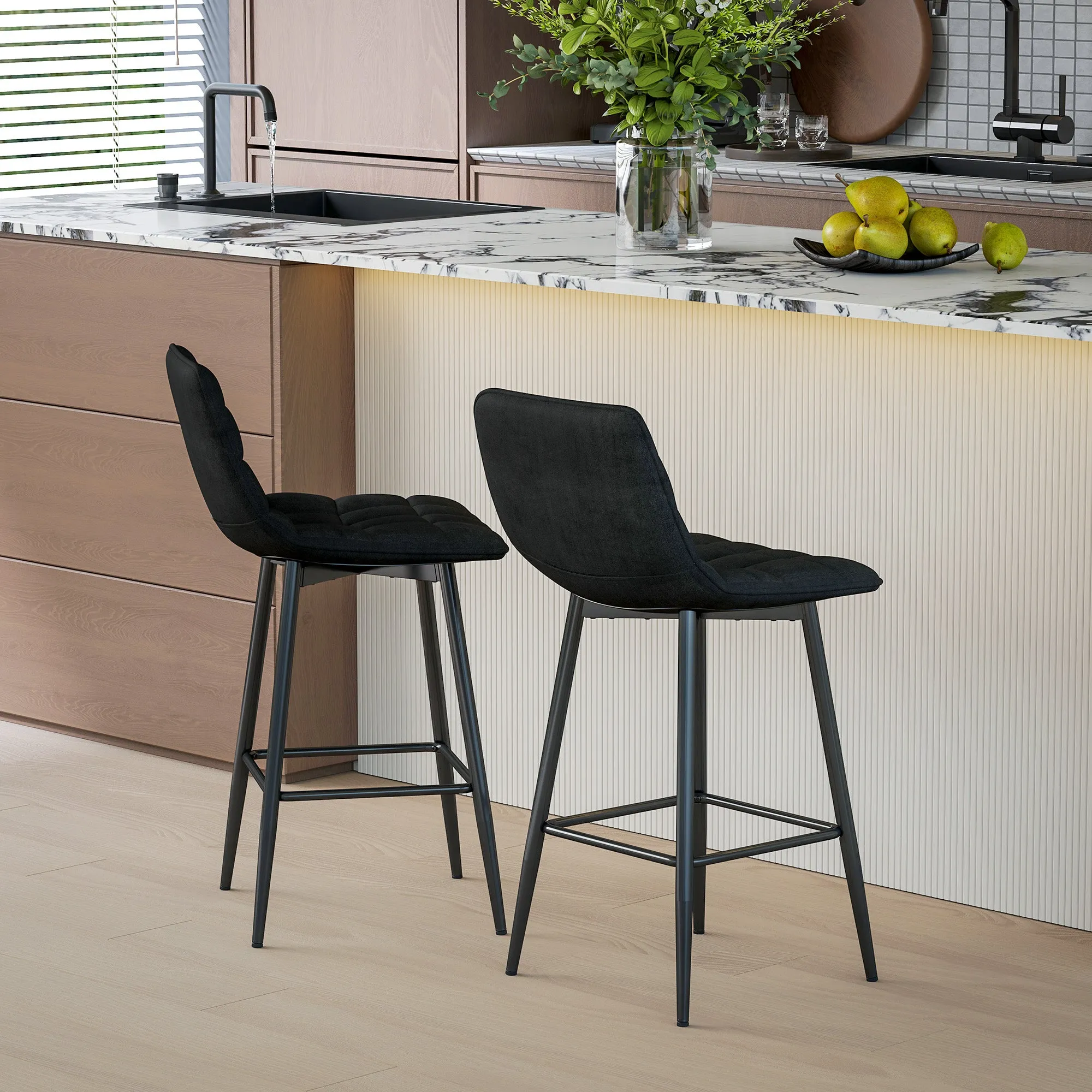 Set of 2 Nordic Style Kitchen Stools in Velvet and Metal Effect Fabric, 45x47x84 cm, Black - Image 2