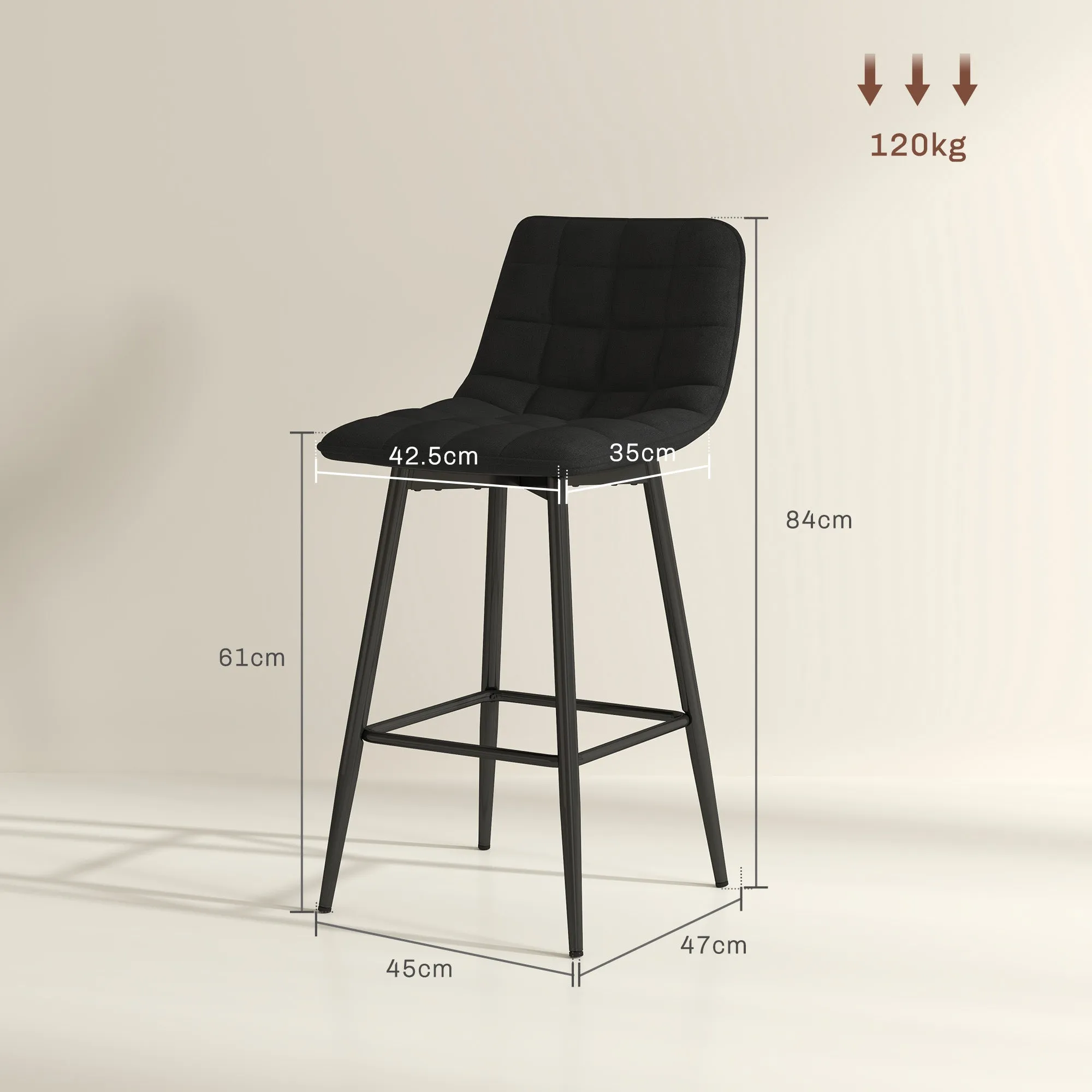 Set of 2 Nordic Style Kitchen Stools in Velvet and Metal Effect Fabric, 45x47x84 cm, Black - Image 3