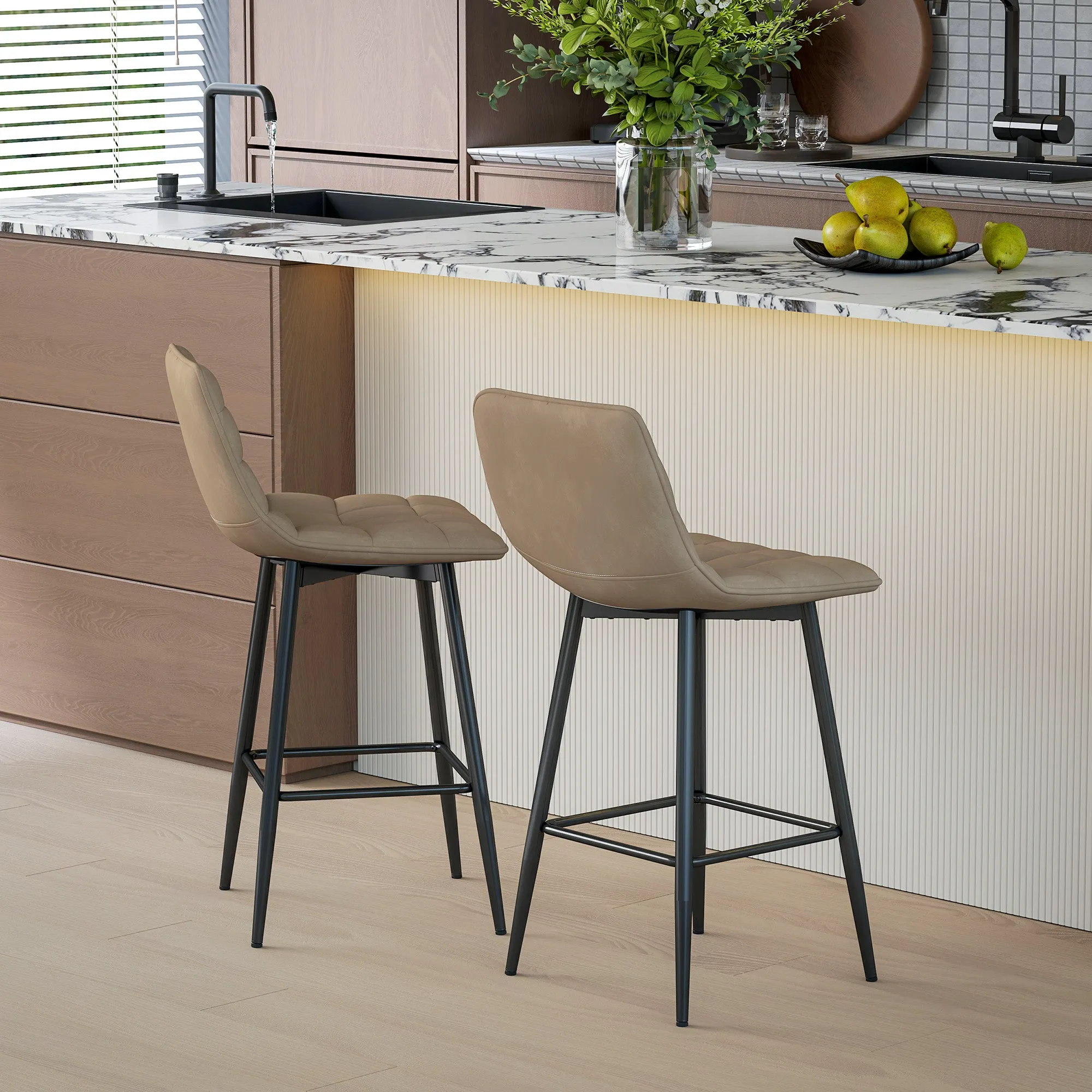 Set of 2 Nordic Style Kitchen Stools in Velvet and Metal Effect Fabric, 45x47x84 cm, Brown - Image 2