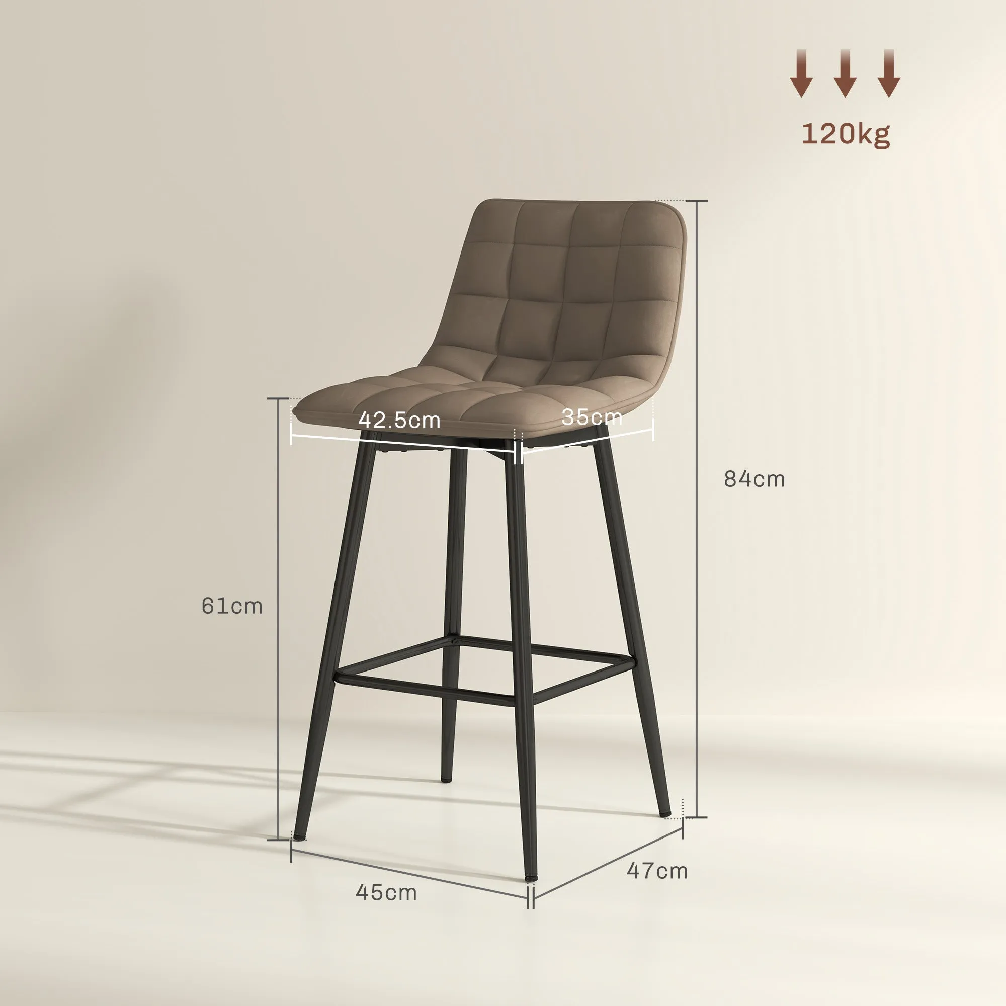 Set of 2 Nordic Style Kitchen Stools in Velvet and Metal Effect Fabric, 45x47x84 cm, Brown - Image 3