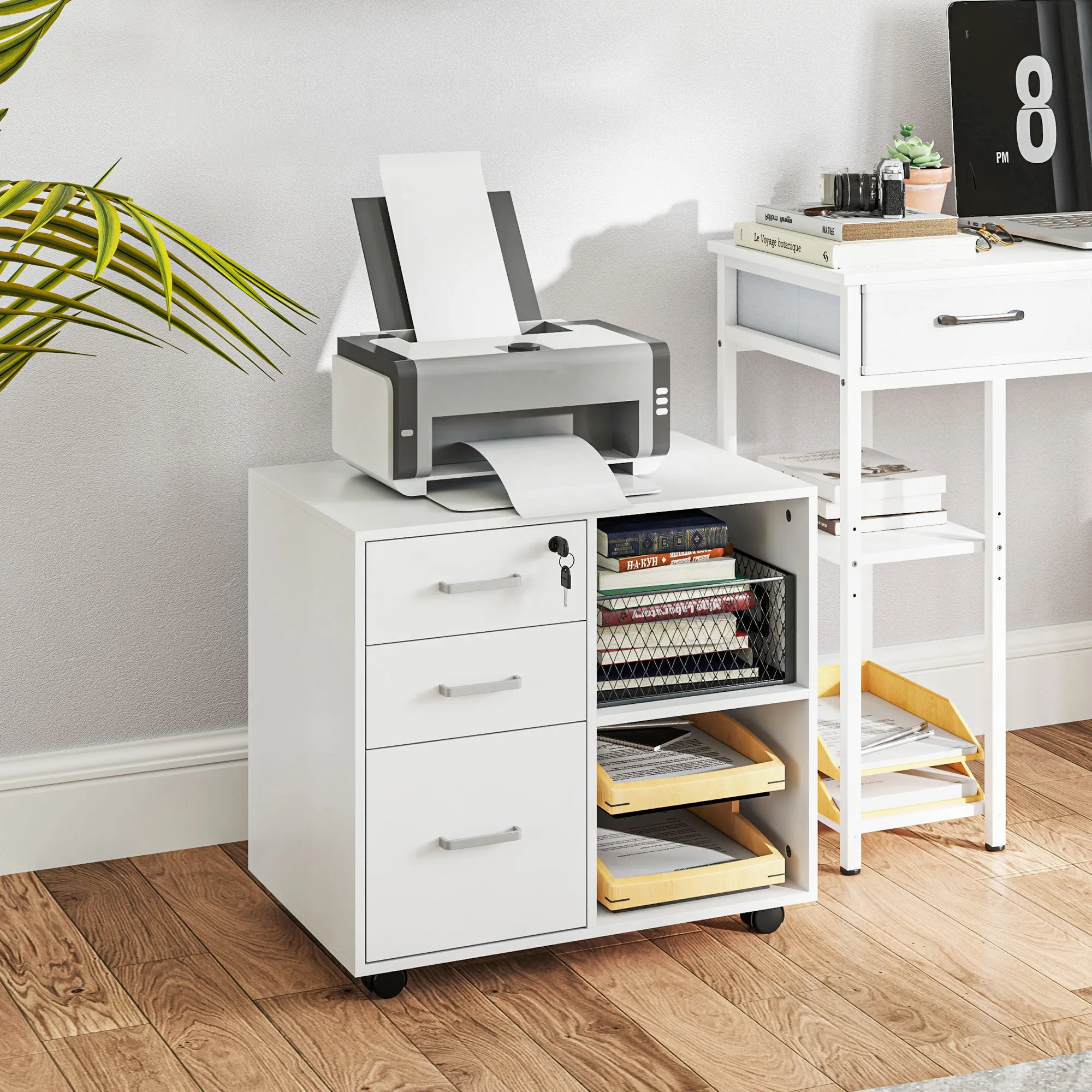 Office Document Chest with 3 Drawers, Wheels, Lock and Keys, 60x40x56 cm, White - Image 2