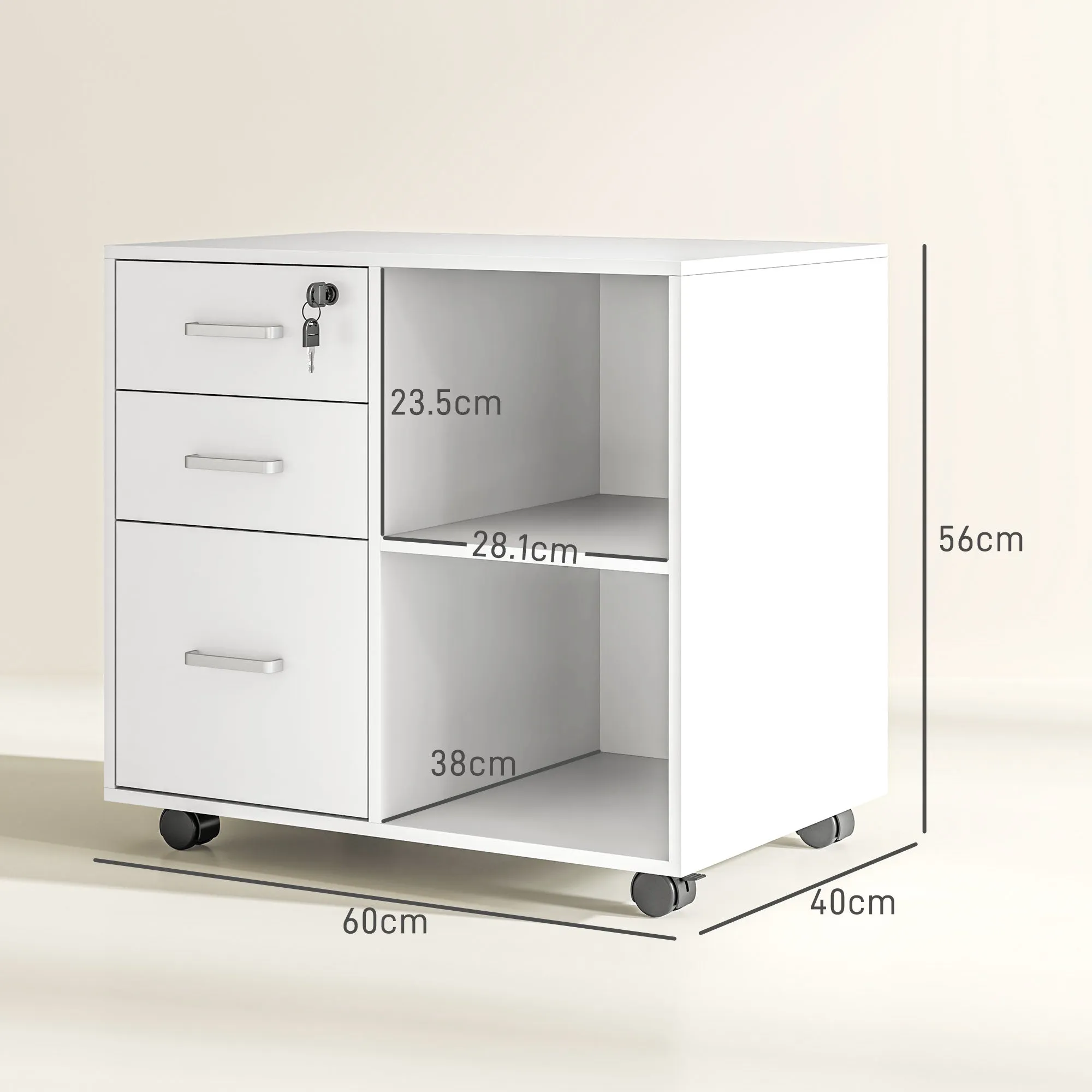Office Document Chest with 3 Drawers, Wheels, Lock and Keys, 60x40x56 cm, White - Image 3