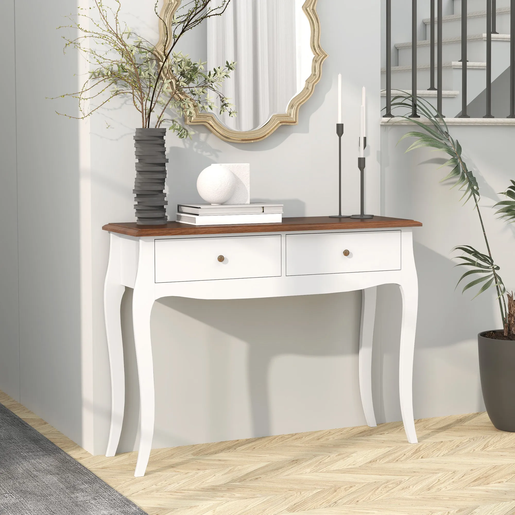 Modern Console Table with 2 Drawers in Wood, 100x35x76.5 cm, White and Dark Brown - Image 2