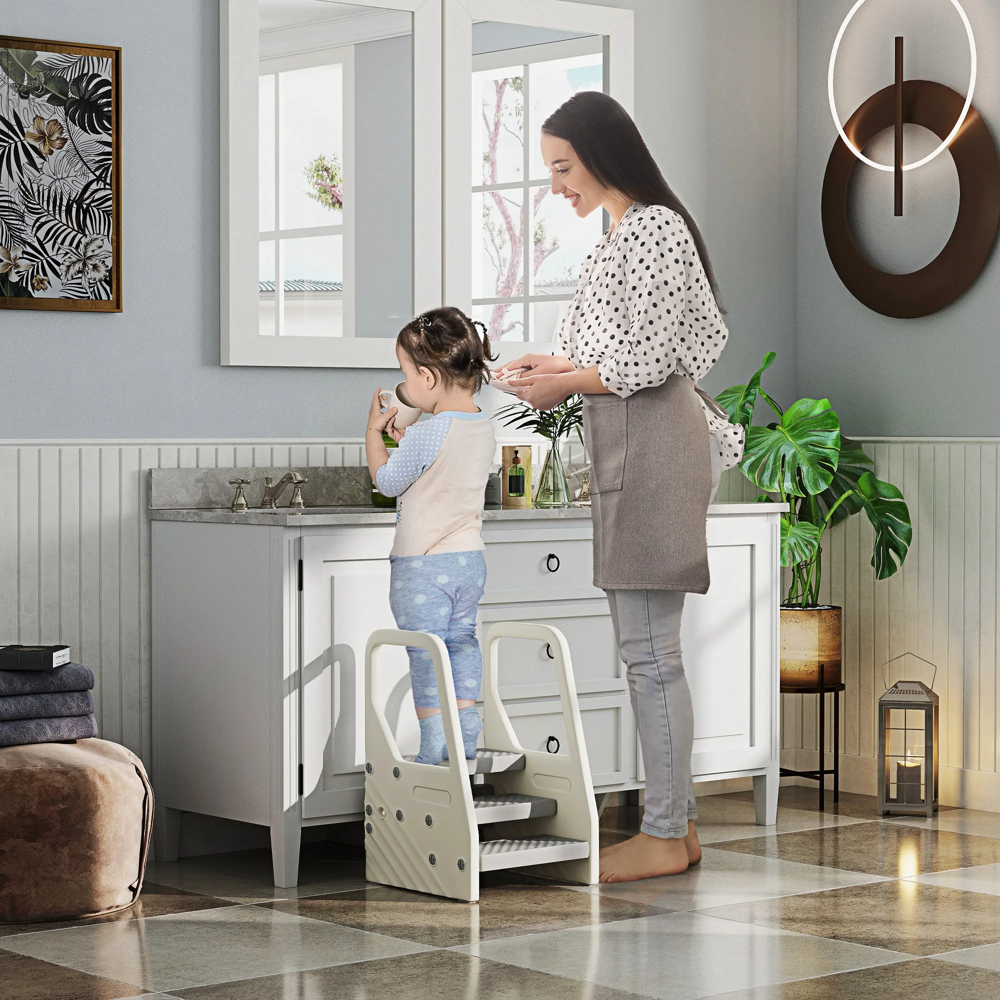 Children's Step Stool 2-5 Years 3 Steps in HDPE, 43x42x65.5 cm, Grey and Cream White - Image 2