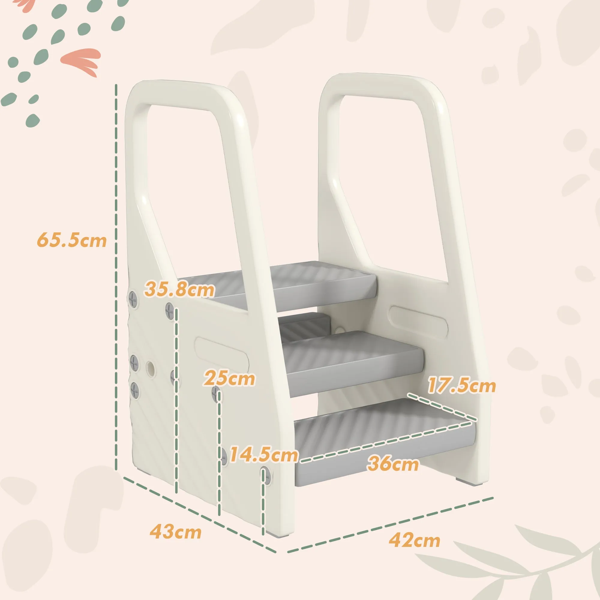 Children's Step Stool 2-5 Years 3 Steps in HDPE, 43x42x65.5 cm, Grey and Cream White - Image 3