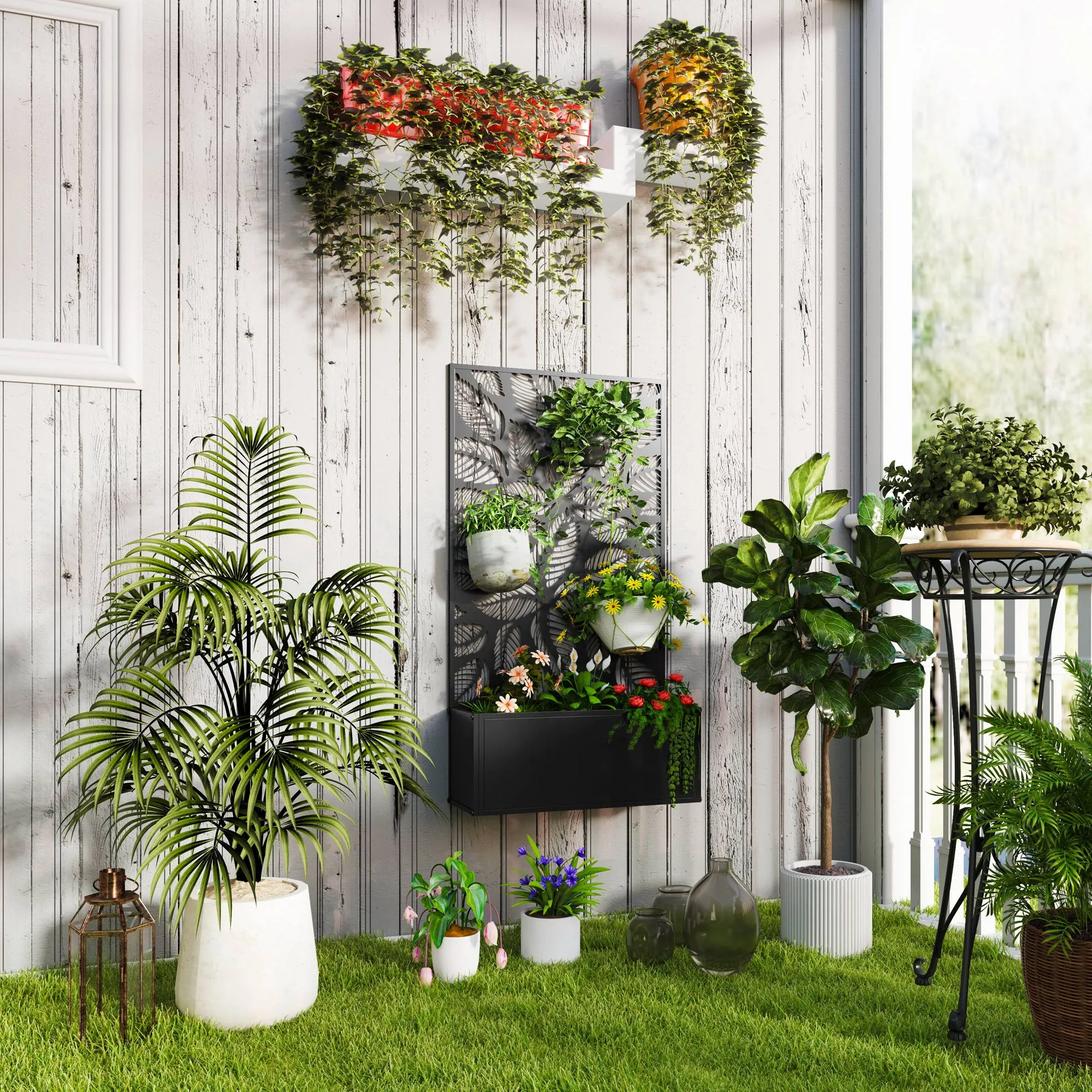 Raised Planter with Decorative Trellis for Climbing Plants, for the Ground and Wall, 61x23x113 cm, Black - Image 2