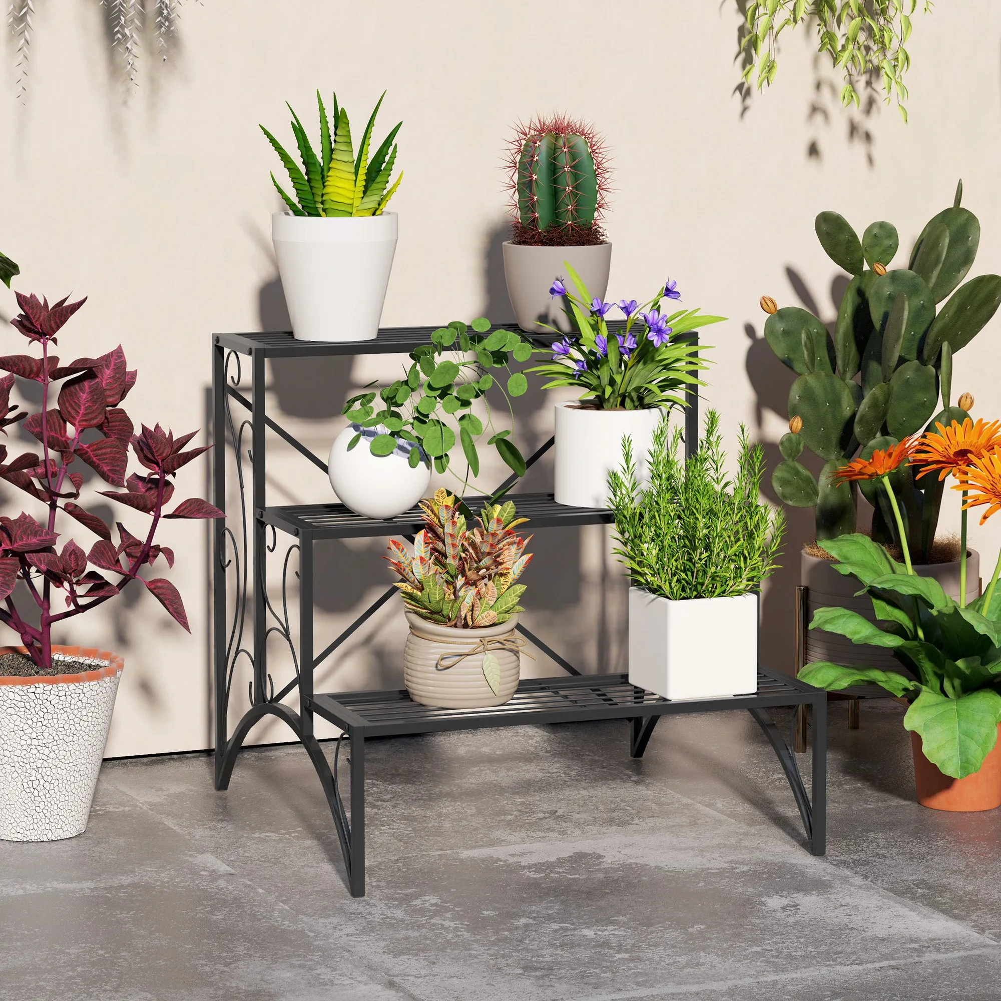 3-Tier Ladder Shelf for Indoor and Outdoor Metal, 60x60x60 cm, Black - Image 2