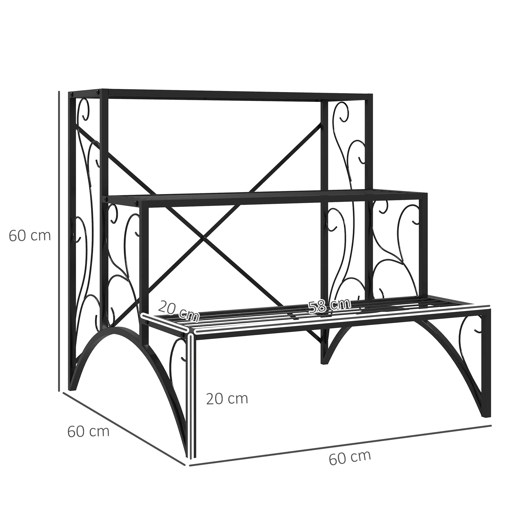 3-Tier Ladder Shelf for Indoor and Outdoor Metal, 60x60x60 cm, Black - Image 3