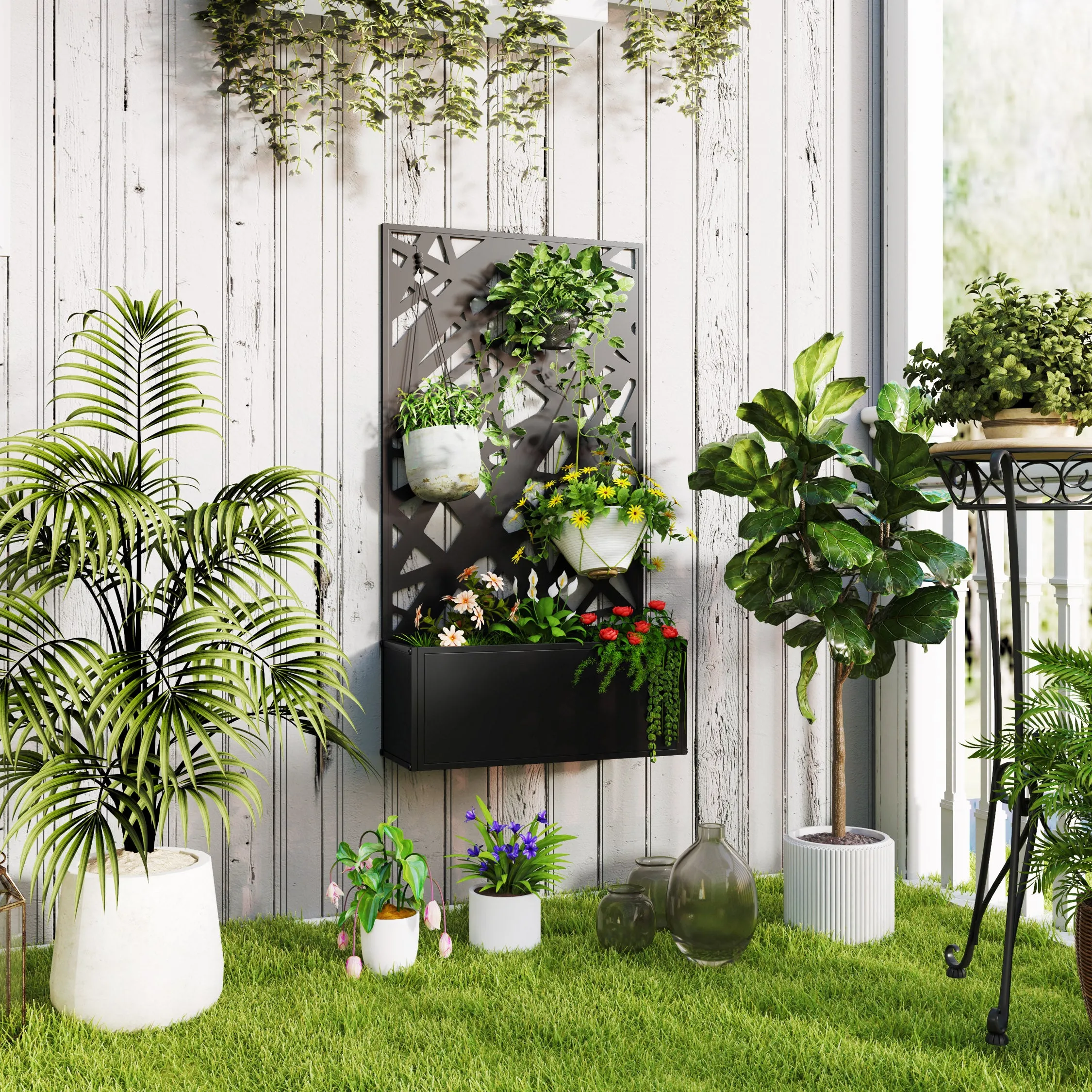Raised Planter with Decorative Trellis for Climbing Plants from the Ground and Wall, 61x23x113 cm, Black - Image 2
