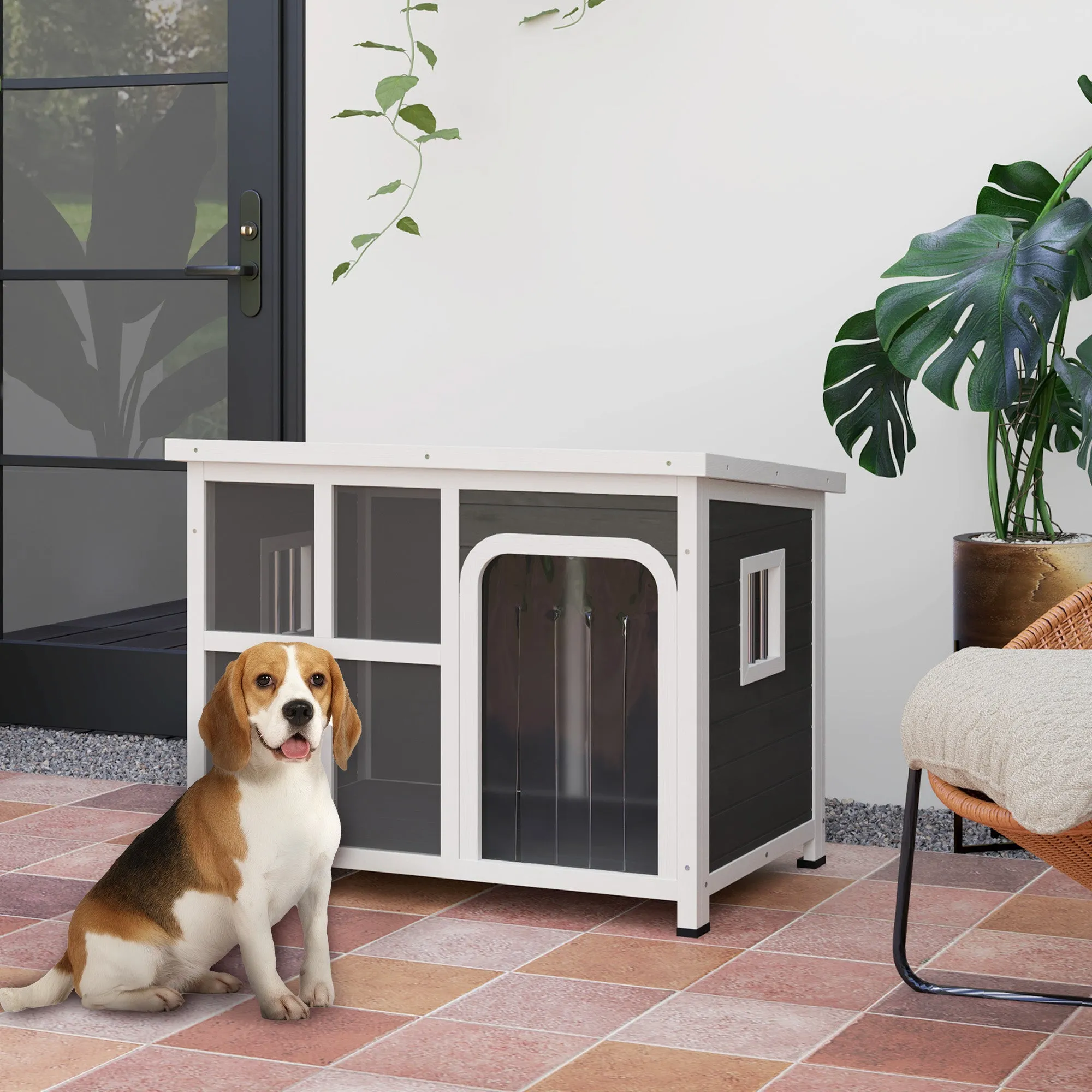 Dog House with Windows and Tent Entrance, Fir Wood, 90x62x71 cm, Light Grey - Image 2