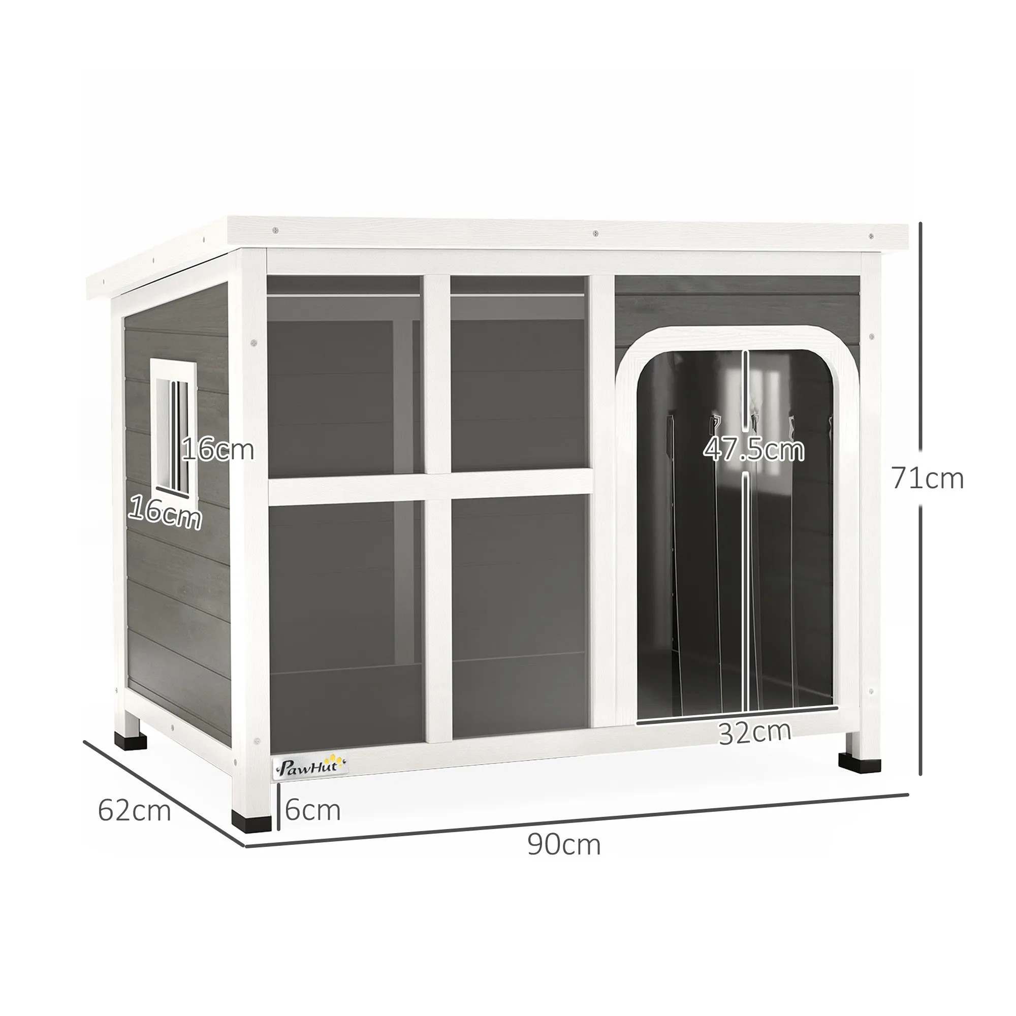 Dog House with Windows and Tent Entrance, Fir Wood, 90x62x71 cm, Light Grey - Image 3