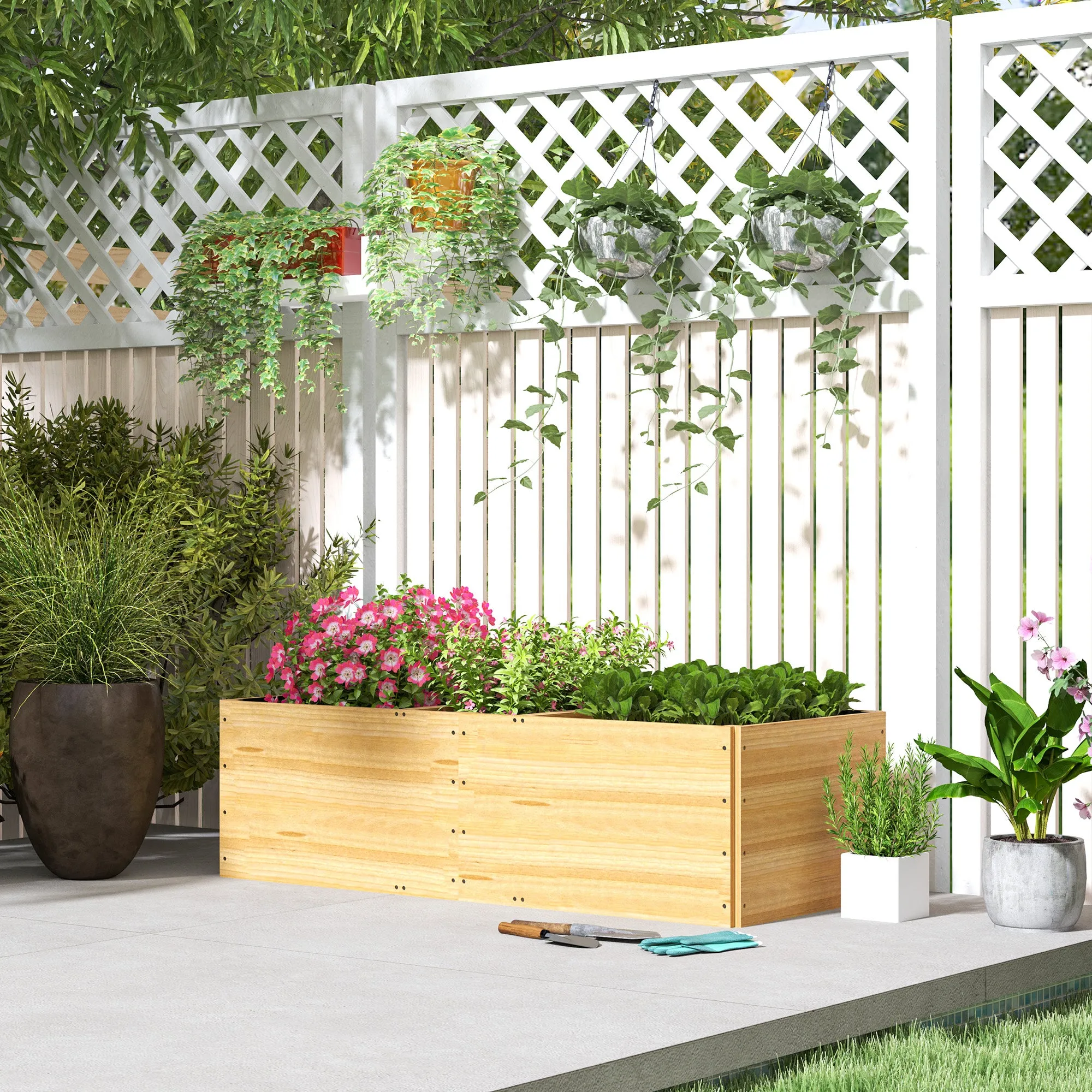 Outdoor Planter in Fir Wood Divided into 3 Areas with Non-Woven Fabric Layer, 140x60x40 cm - Image 2