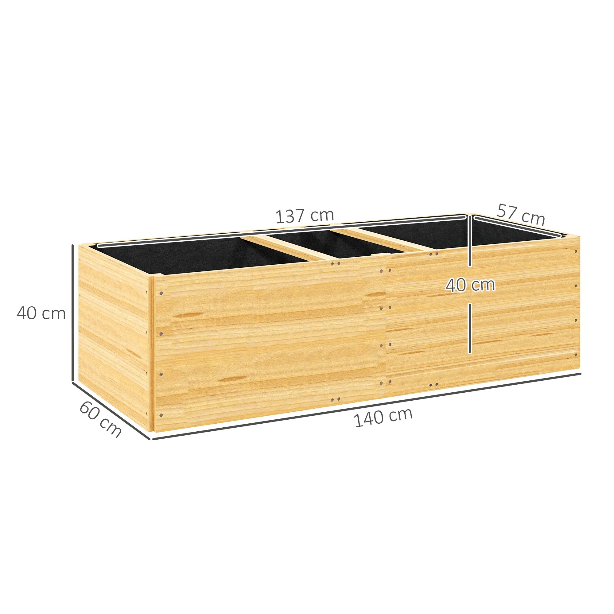 Outdoor Planter in Fir Wood Divided into 3 Areas with Non-Woven Fabric Layer, 140x60x40 cm - Image 3