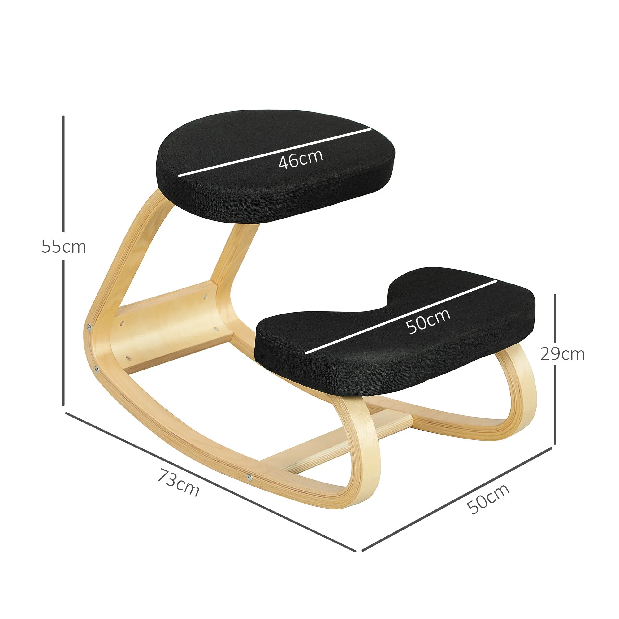 Kneeling Chair with Rocking Movement, in Linen Effect Fabric and Birch Wood, 50x73x55 cm, Black - Image 3
