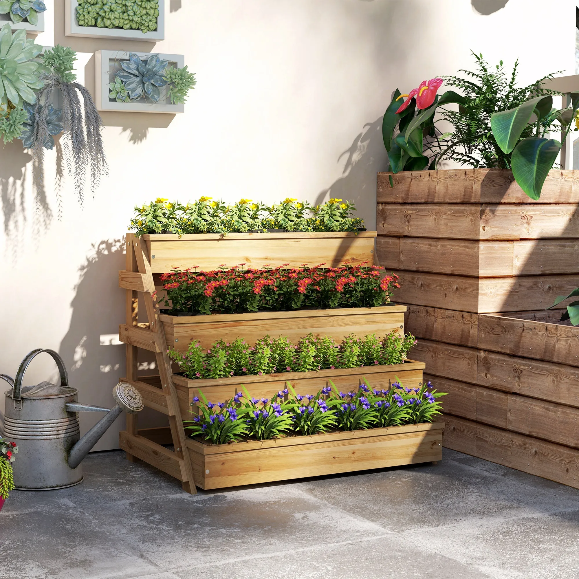4 Tier Raised Planter with Drainage Holes and Non-Woven Fabric, Fir Wood, 75x57x60.5 cm - Image 2