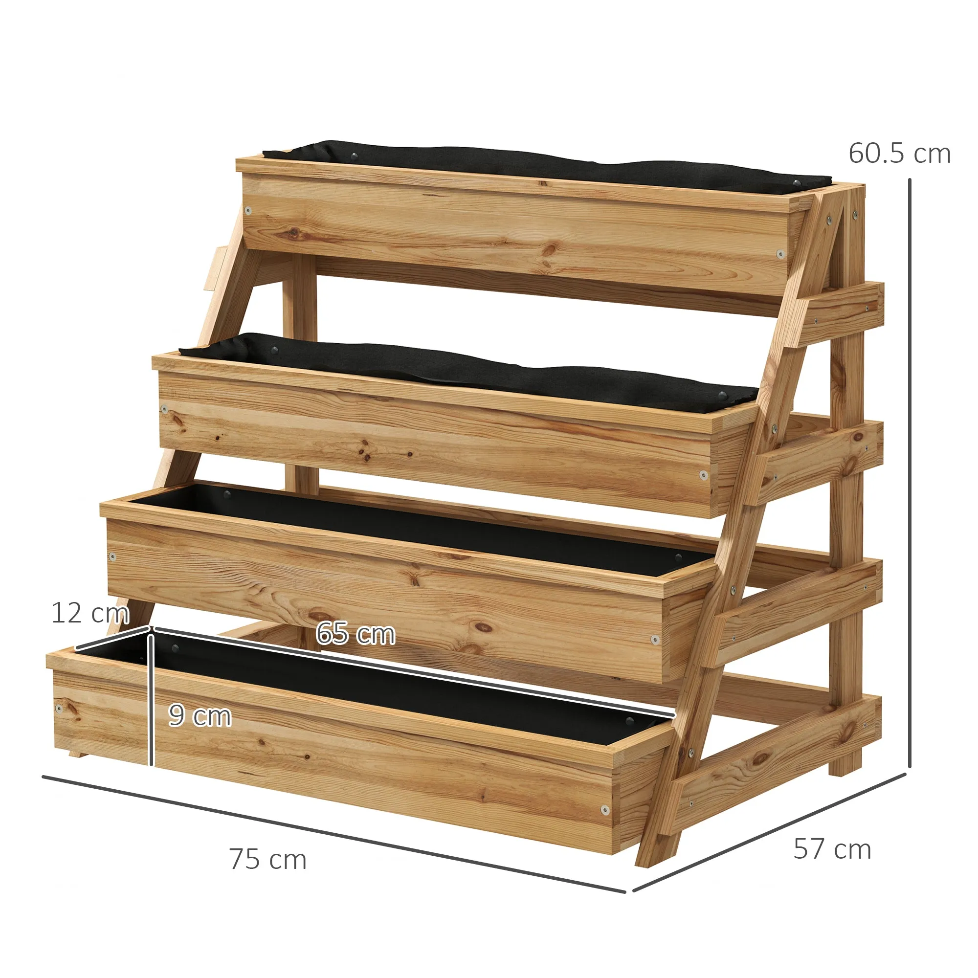4 Tier Raised Planter with Drainage Holes and Non-Woven Fabric, Fir Wood, 75x57x60.5 cm - Image 3