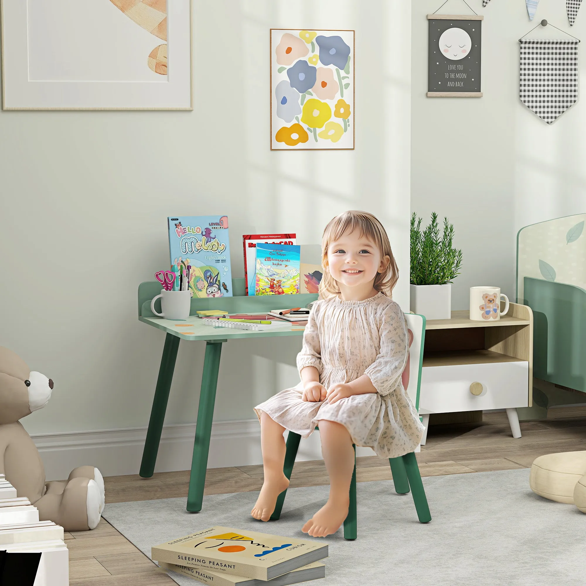 Children's Chair and Table Set with Storage Shelf, in MDF and Pine Wood, Green - Image 2
