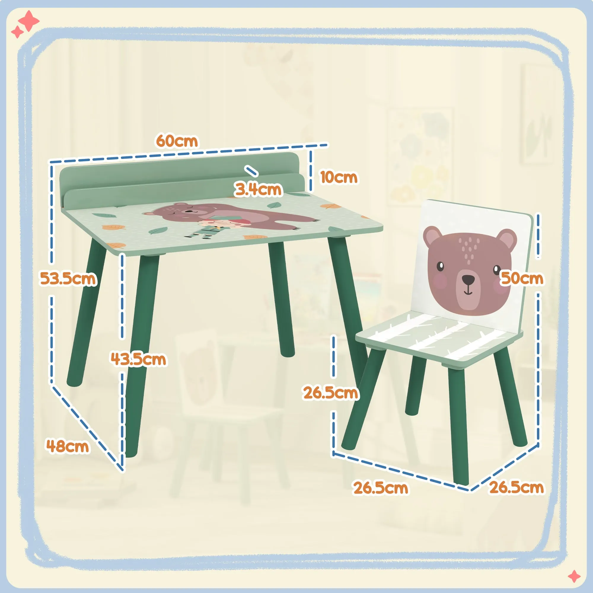 Children's Chair and Table Set with Storage Shelf, in MDF and Pine Wood, Green - Image 3
