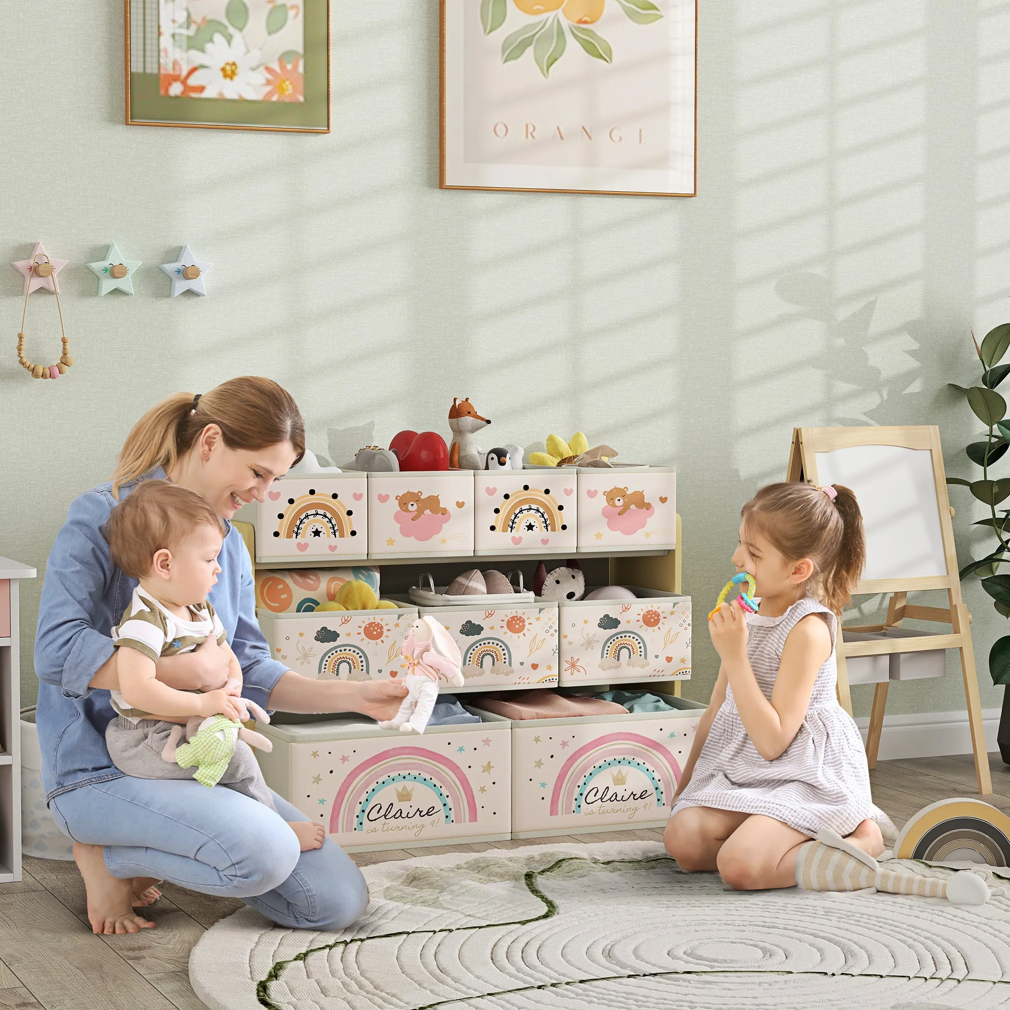 Children's Toy Rack 3 Tier with 9 Fabric Containers, 93x30x70 cm, Yellow - Image 2