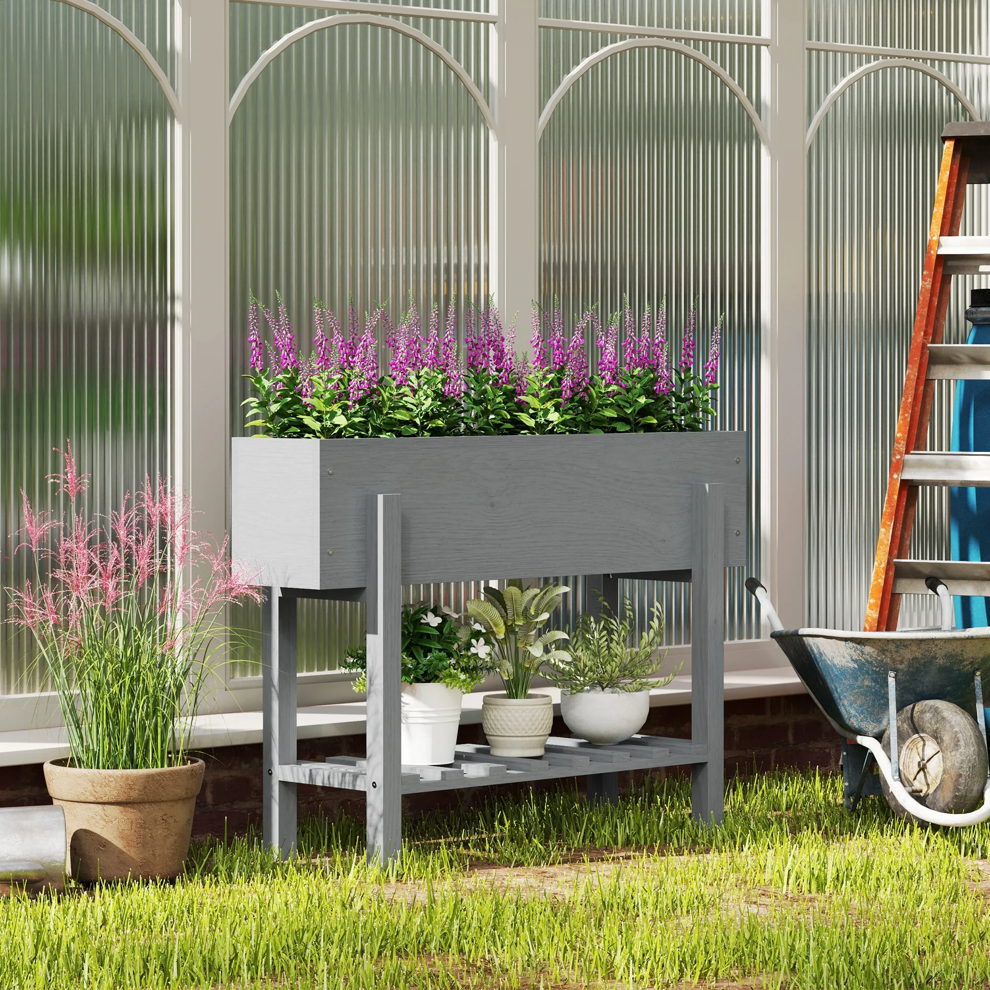 Raised Planter with Lower Shelf and 2 Drainage Holes, Fir Wood, 100x30x70.5 cm, Grey - Image 2