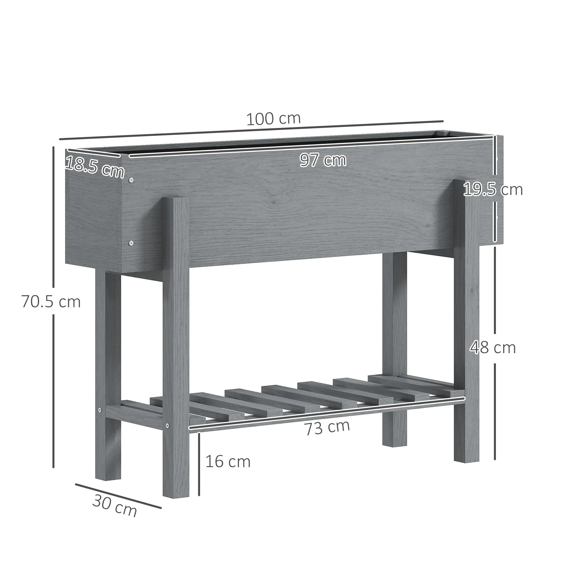 Raised Planter with Lower Shelf and 2 Drainage Holes, Fir Wood, 100x30x70.5 cm, Grey - Image 3