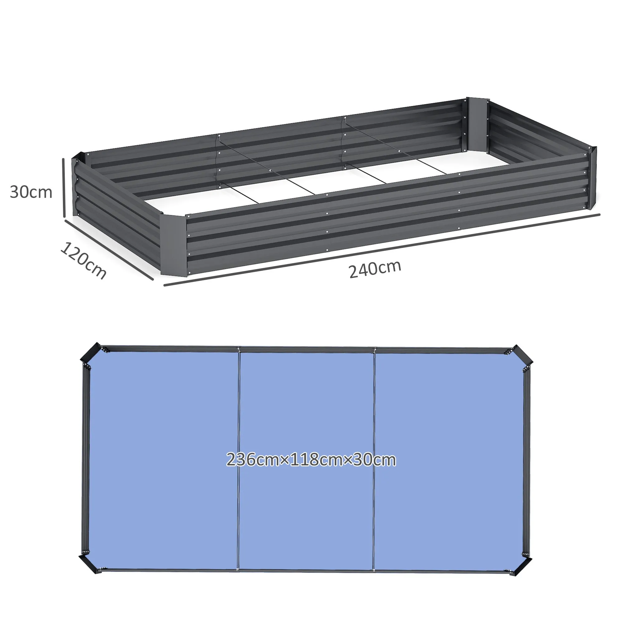 Steel Raised Garden Bed 835L with Open Bottom, 240x120x30cm, Dark Grey - Image 3