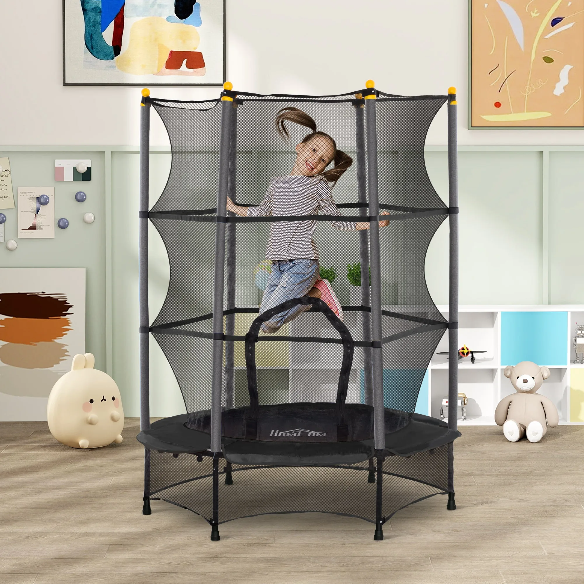 Children's Trampoline with Safety Net and Padded Poles Age 3-10 Years, Ø140 x 190 cm, Black - Image 2