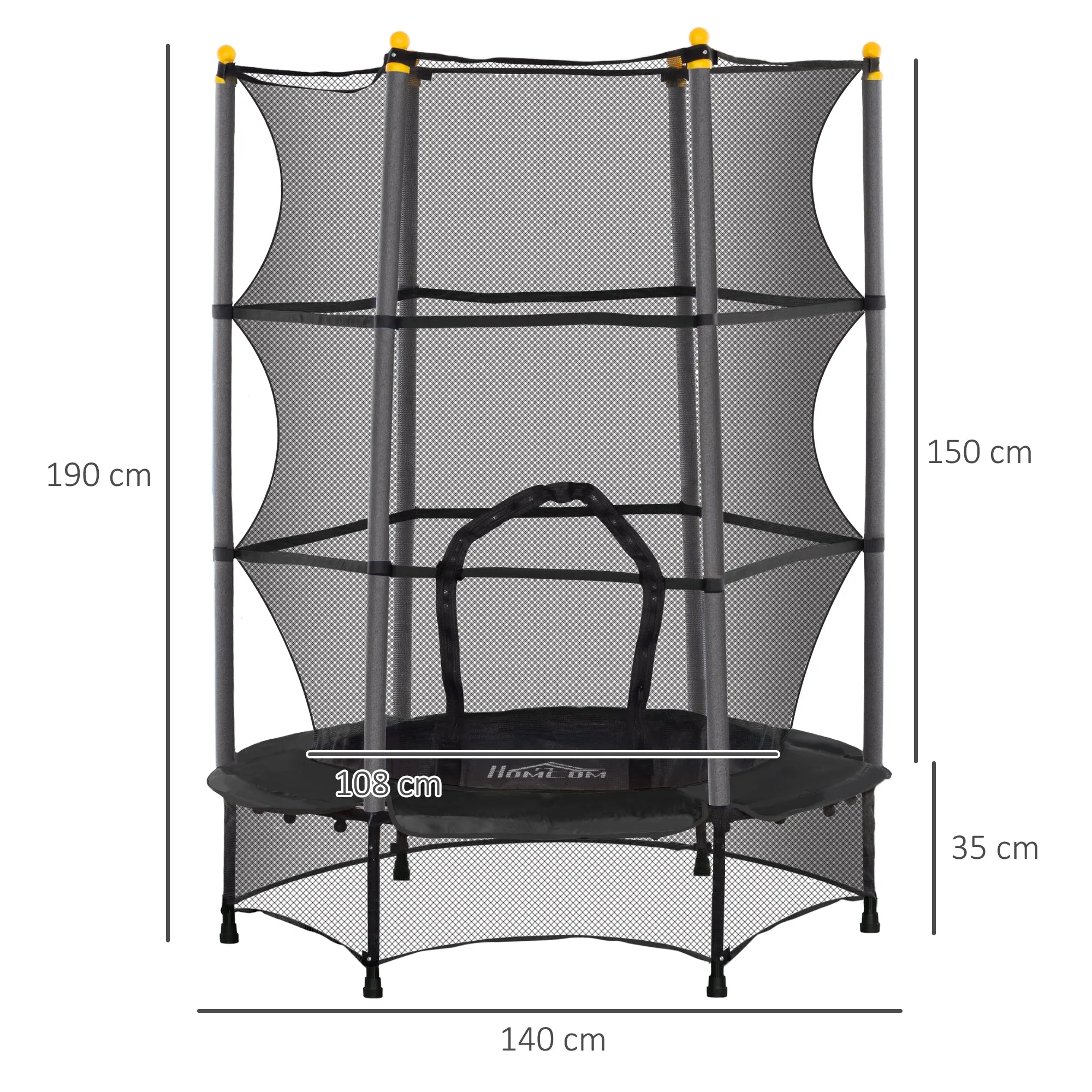 Children's Trampoline with Safety Net and Padded Poles Age 3-10 Years, Ø140 x 190 cm, Black - Image 3