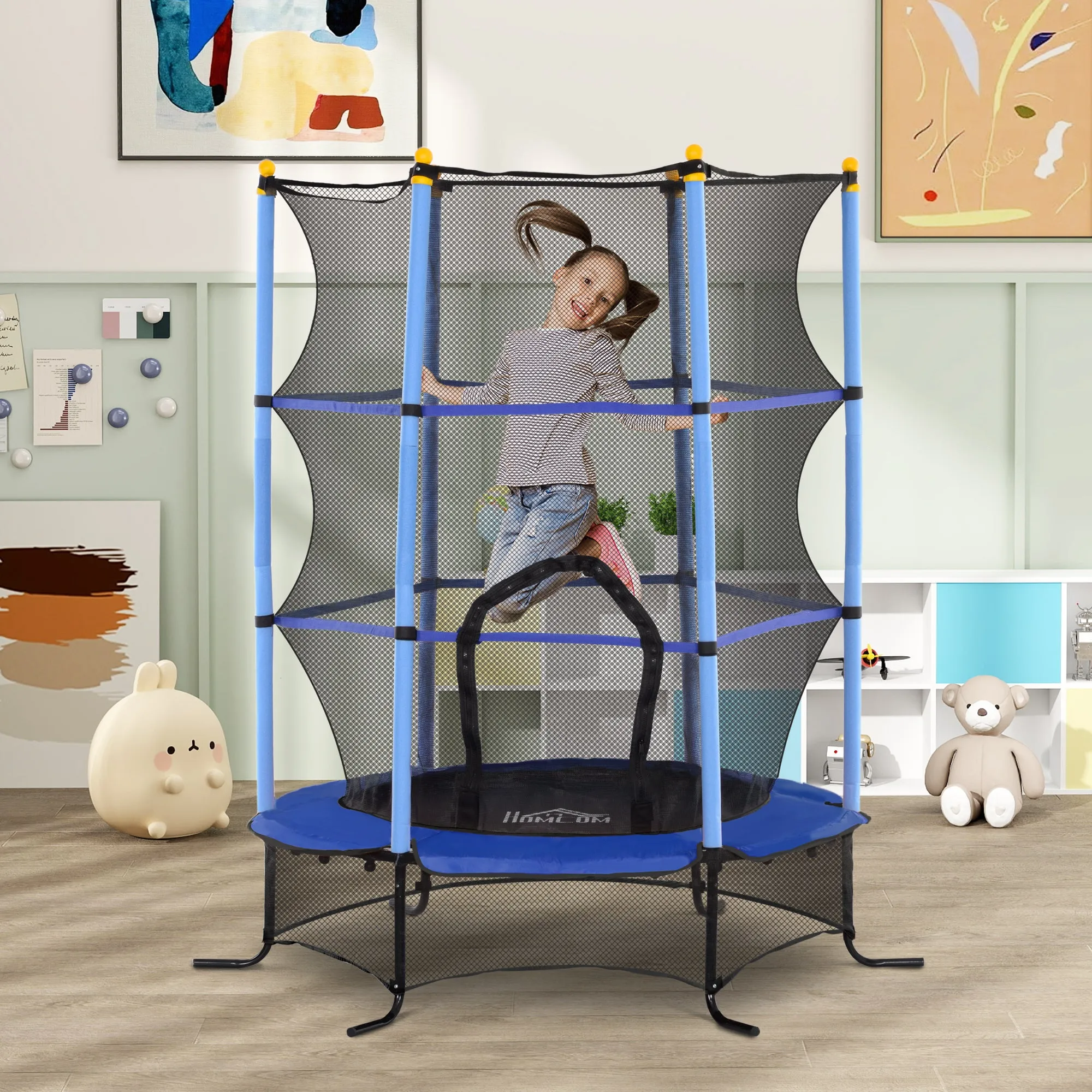 Children's Trampoline Ø1.6x1.9 m with Safety Net and Padded Poles, Ages 3-10 Years, Blue - Image 2
