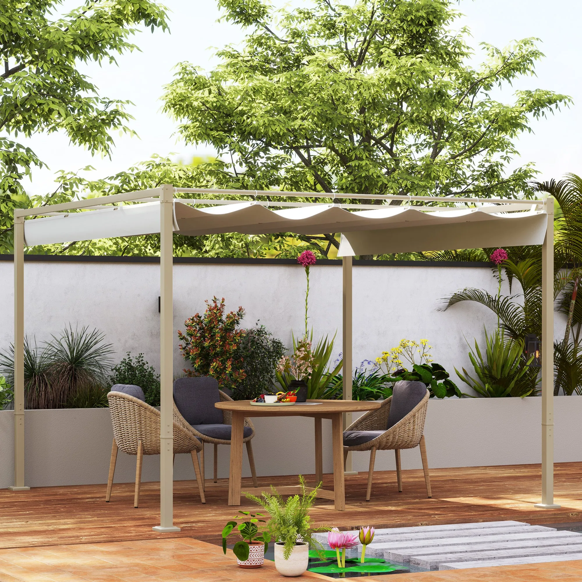 Gazebo Pergola 3x3 m with Retractable Roof, 8 Screws and 8 Pegs, in 180g Polyester and Metal, Khaki - Image 2